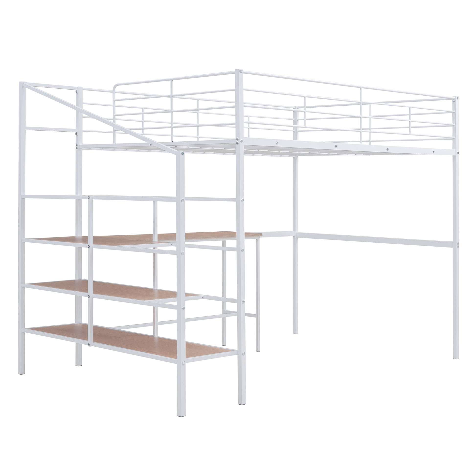 Full Size Metal Loft Bed With Desk And Lateral Storage Ladder, White White Metal