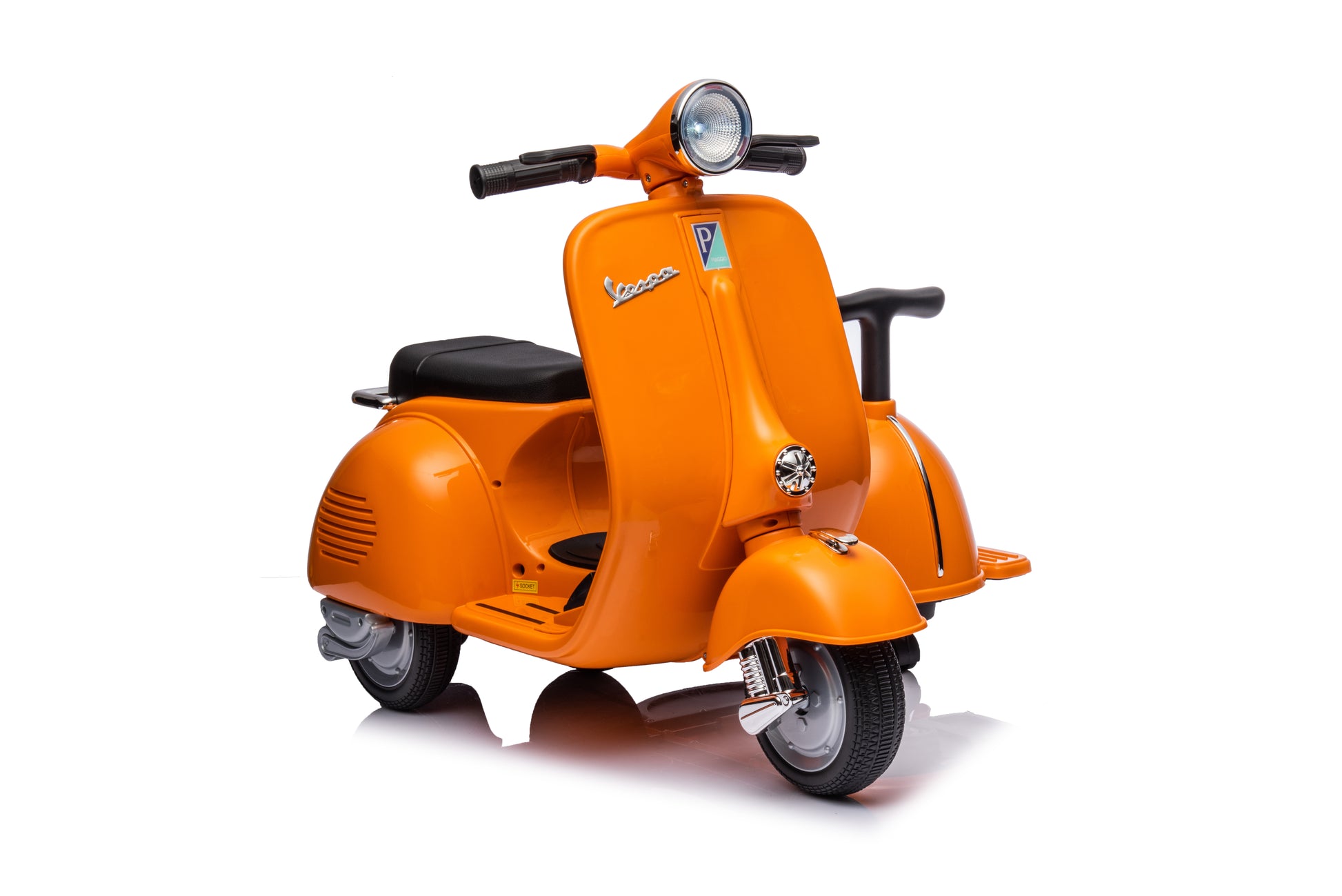 6V Licensed Vespa Scooter Motorcycle With Side Car For Kids, Orange Orange Chrome