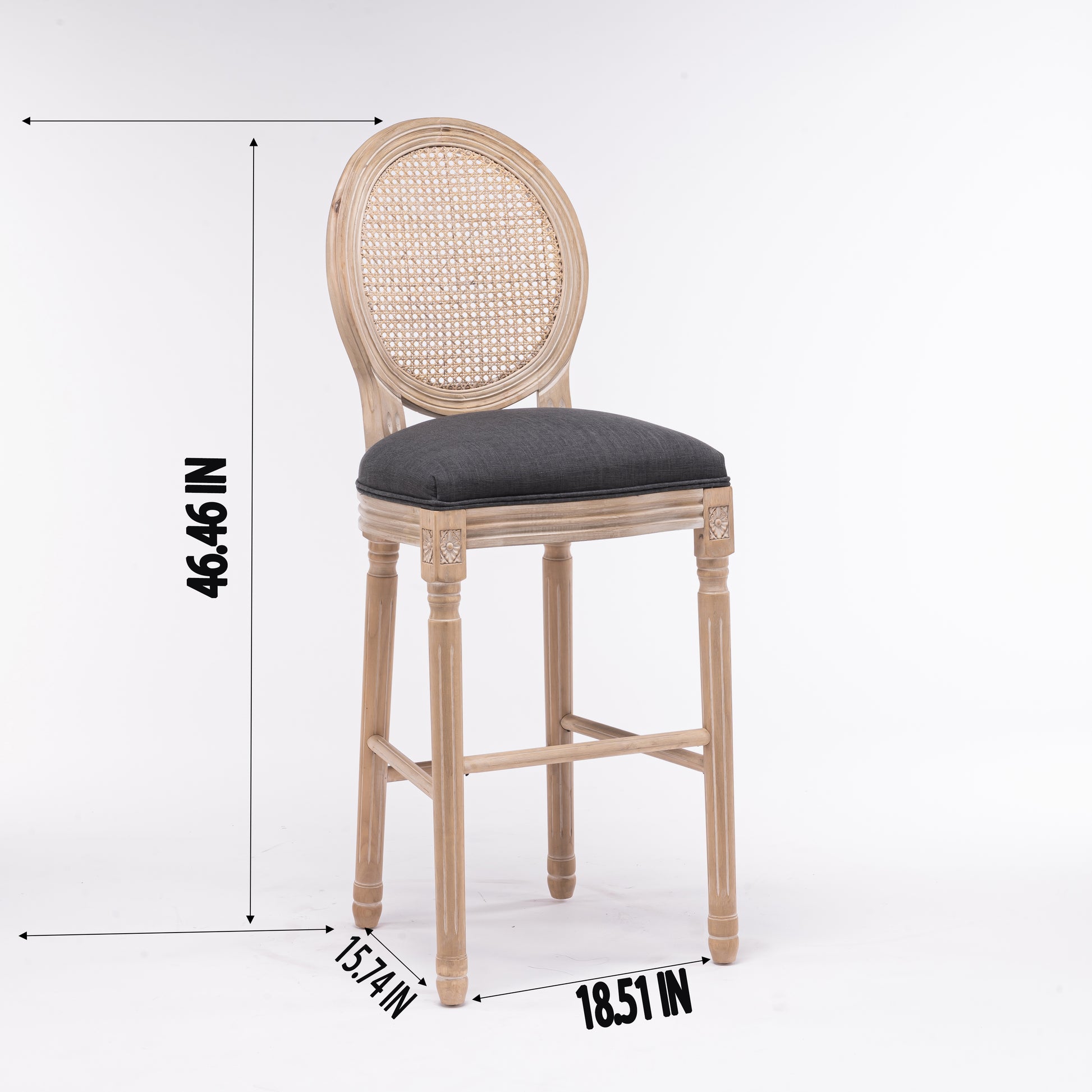 French Country Wooden Barstools Rattan Back With Upholstered Seatingdark Grey Set Of 2 Antique Dark Grey Fabric Solid Wood Mdf