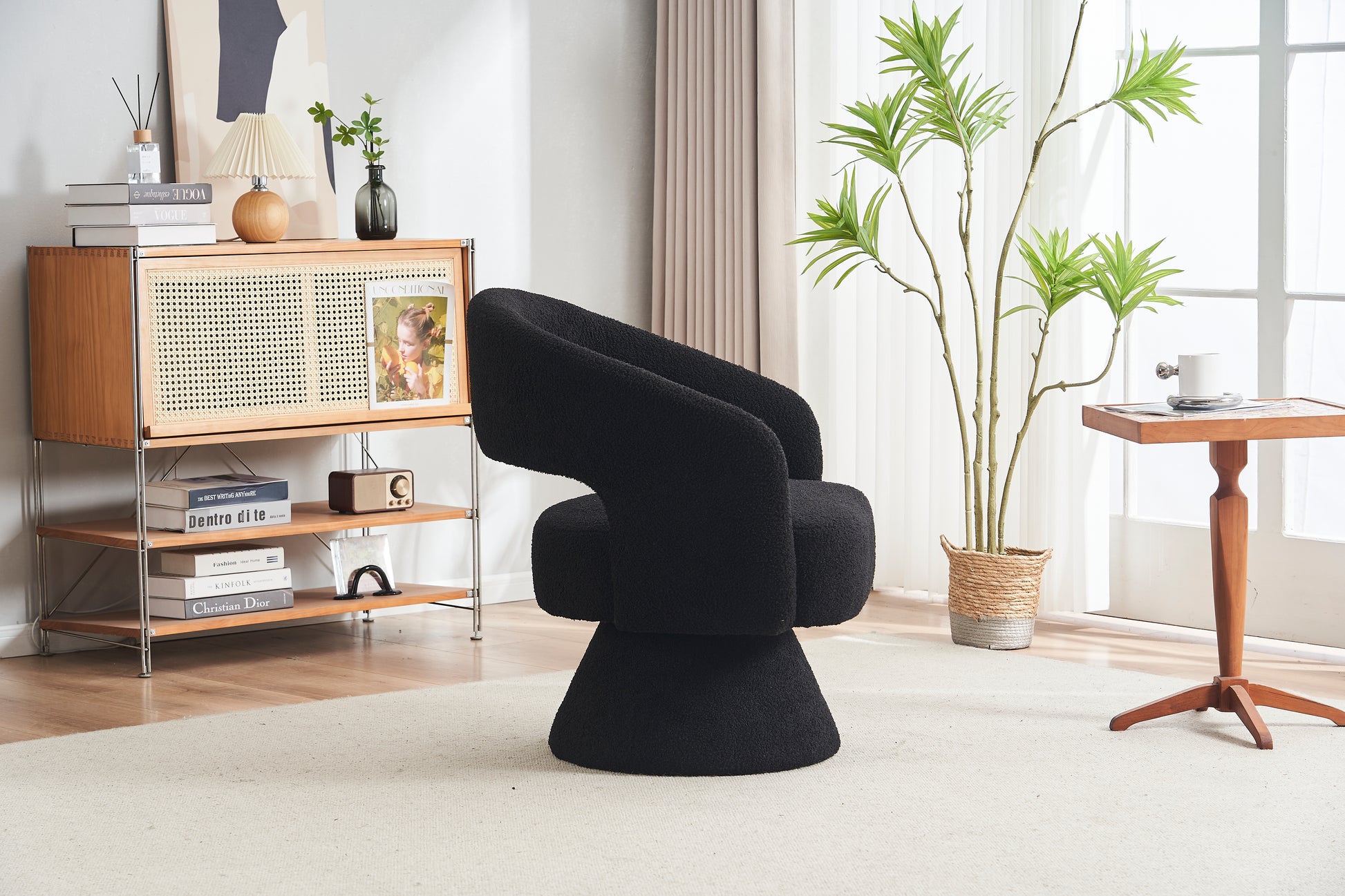 Swivel Accent Chair Armchair, Round Barrel Chair In Fabric For Living Room Bedroom,Black Teddy Black Foam Faux Fur