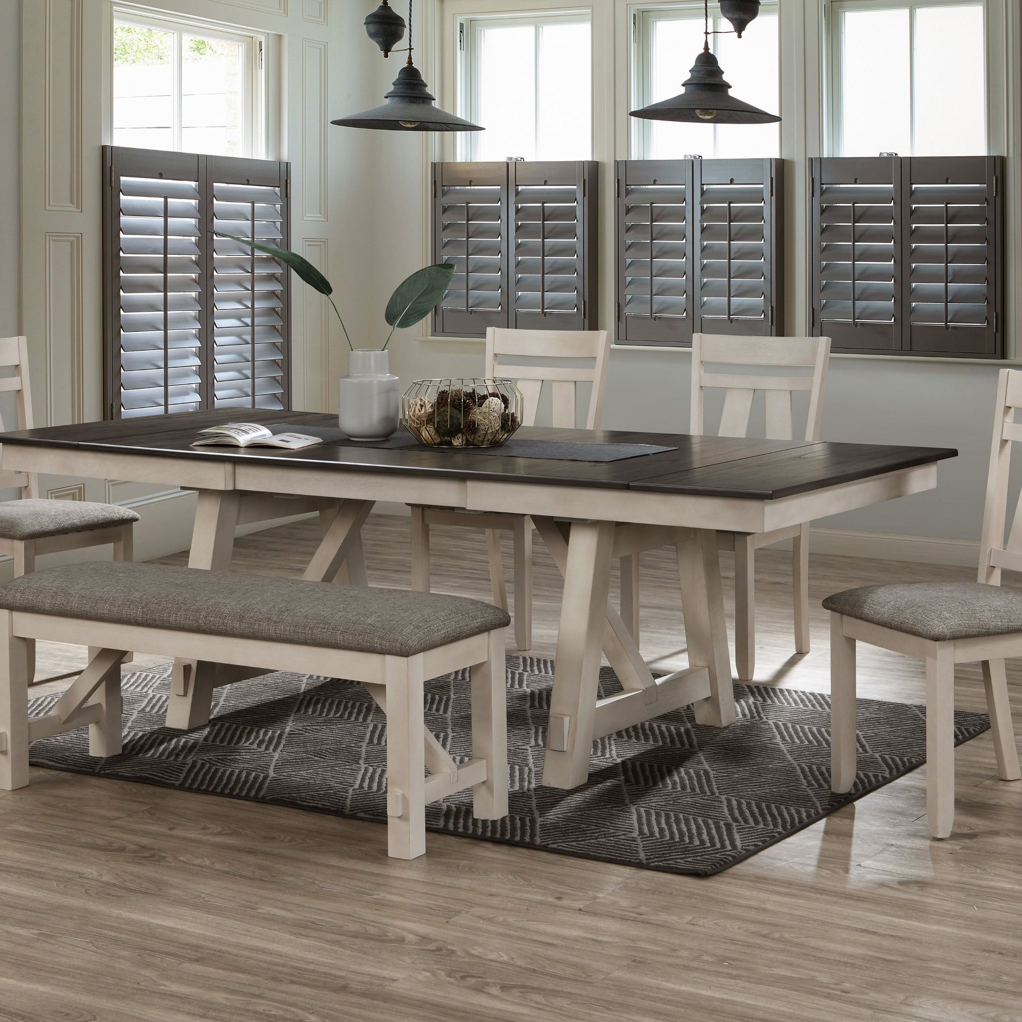 6Pc Cottage Style Extendable Dining Table Set Chalk Gray Tow Tone Finish Upholstered Chair Bench Dining Room Wooden Furniture Two Self Storing Refectory Leaves Solid Wood Wood Wood Cream Seats 6 Wood Dining Room Transitional Rectangular Dining Table With