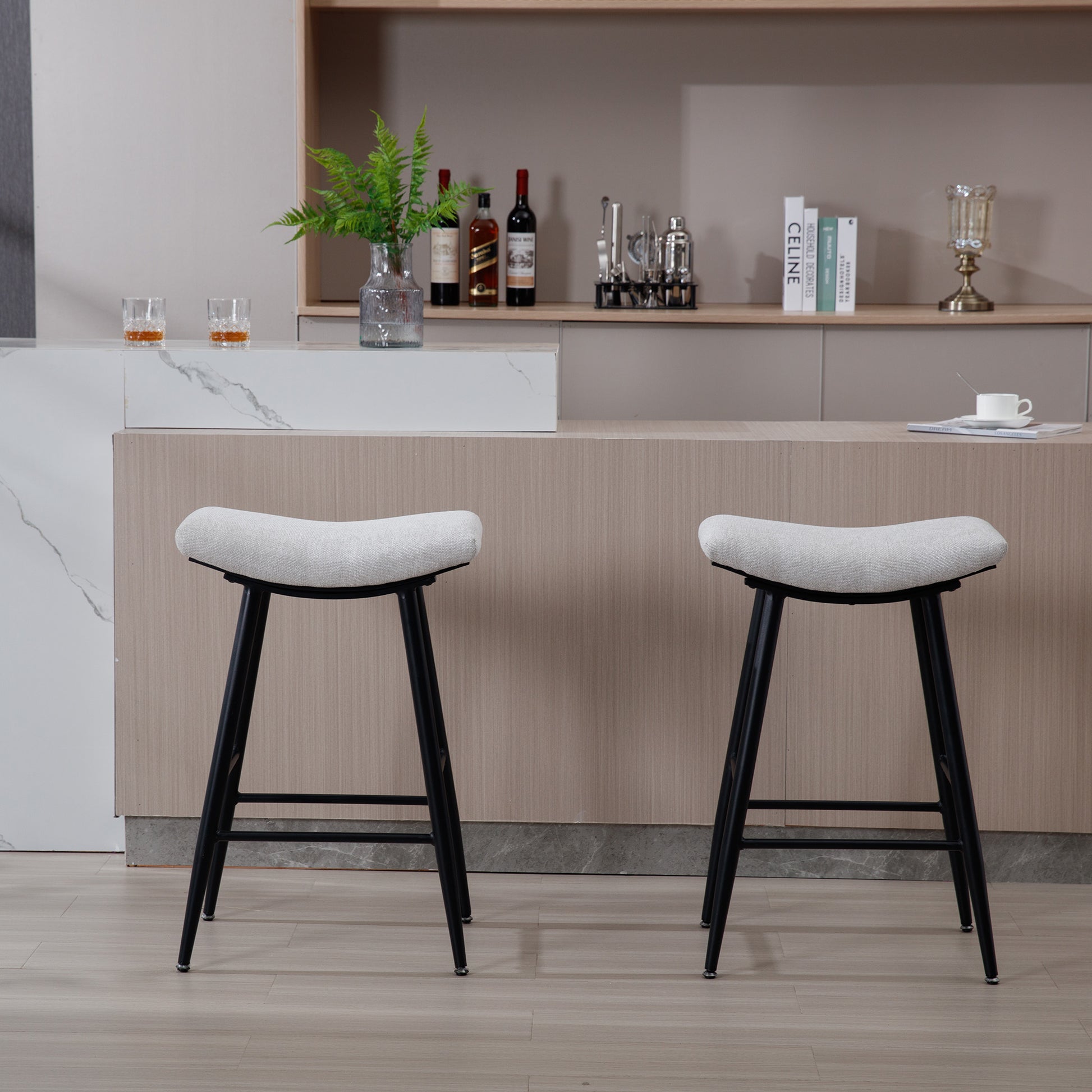Bar Stools Set Of 2 Armless Counter Low Bar Stools Without Back Modern Linen Fabric Breakfast Stools With Metal Leg And Footrest,Beige Gray Pale Blue Beige Kitchen Foam Dry Clean Modern Bar Stools Foam Linen