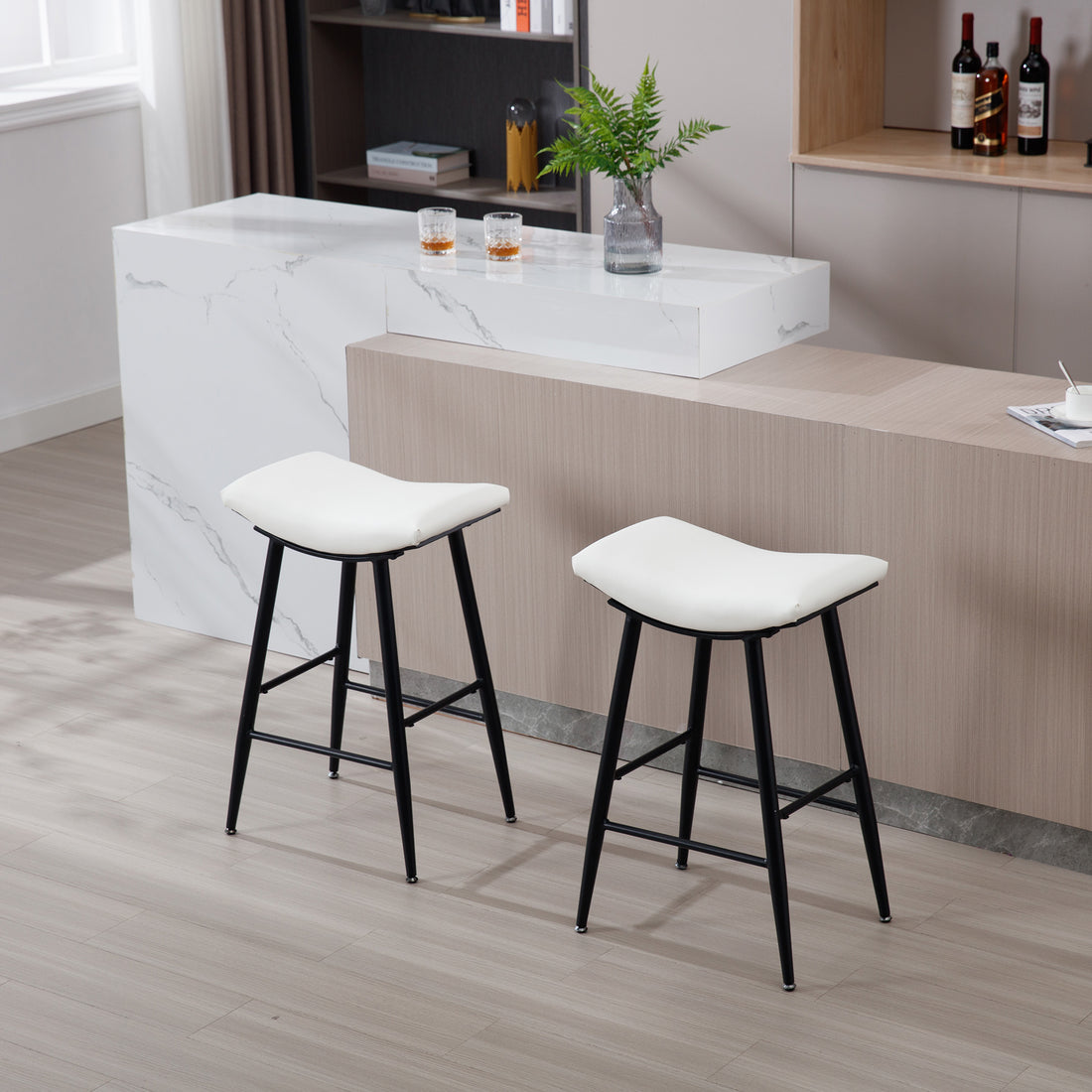 Bar Stools Set Of 2 Armless Counter Low Bar Stools Without Back Modern Pu Leather Stools With Metal Leg And Footrest,Cream Cream Kitchen Foam Dry Clean Modern Bar Stools Foam Pu Leather