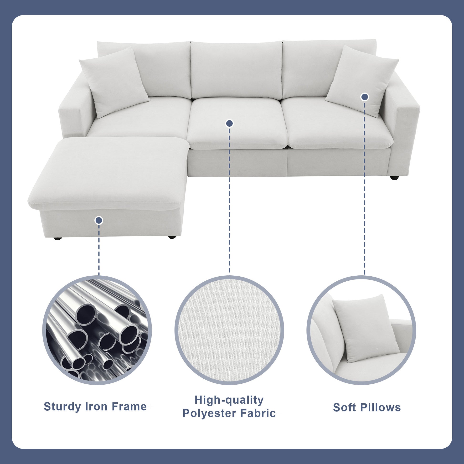 100.4*64.6" Modern Sectional Sofa,L Shaped Couch Set With 2 Free Pillows,4 Seat Polyester Fabric Couch Set With Convertible Ottoman For Living Room, Apartment, Office,4 Colors White Polyester 3 Seat