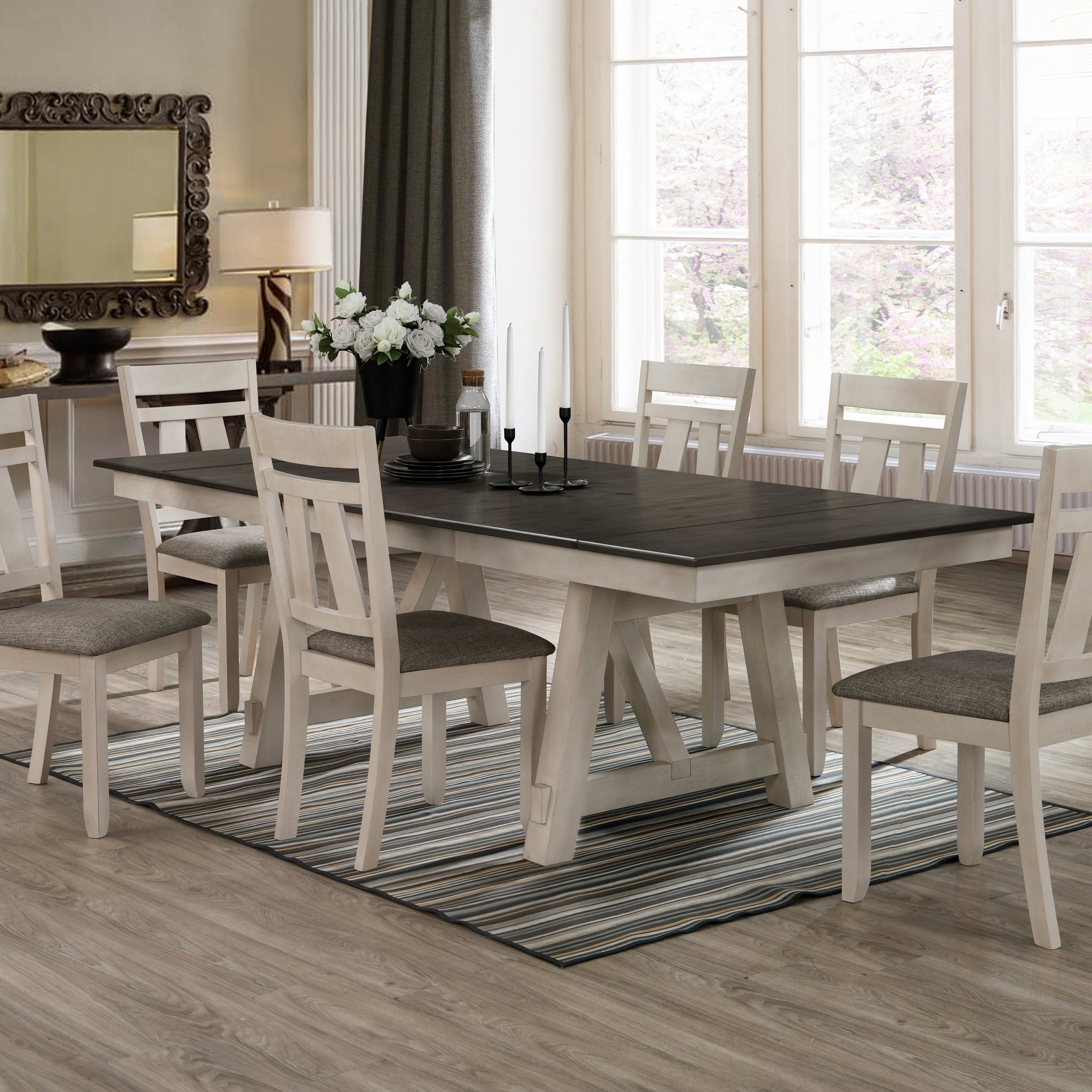 7Pc Cottage Style Extendable Dining Table Set Chalk Gray Tow Tone Finish Upholstered Chair Dining Room Wooden Furniture Two Self Storing Refectory Leaves Solid Wood Wood Wood Cream Seats 6 Wood Dining Room Transitional Rectangular Dining Table With Chair