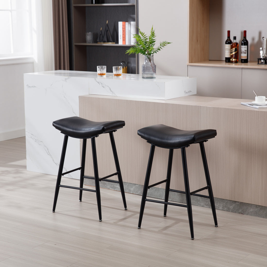 Bar Stools Set Of 2 Armless Counter Low Bar Stools Without Back Modern Pu Leather Stools With Metal Leg And Footrest ,Black Black Pu Kitchen Foam Dry Clean Modern Bar Stools Foam Pu Leather