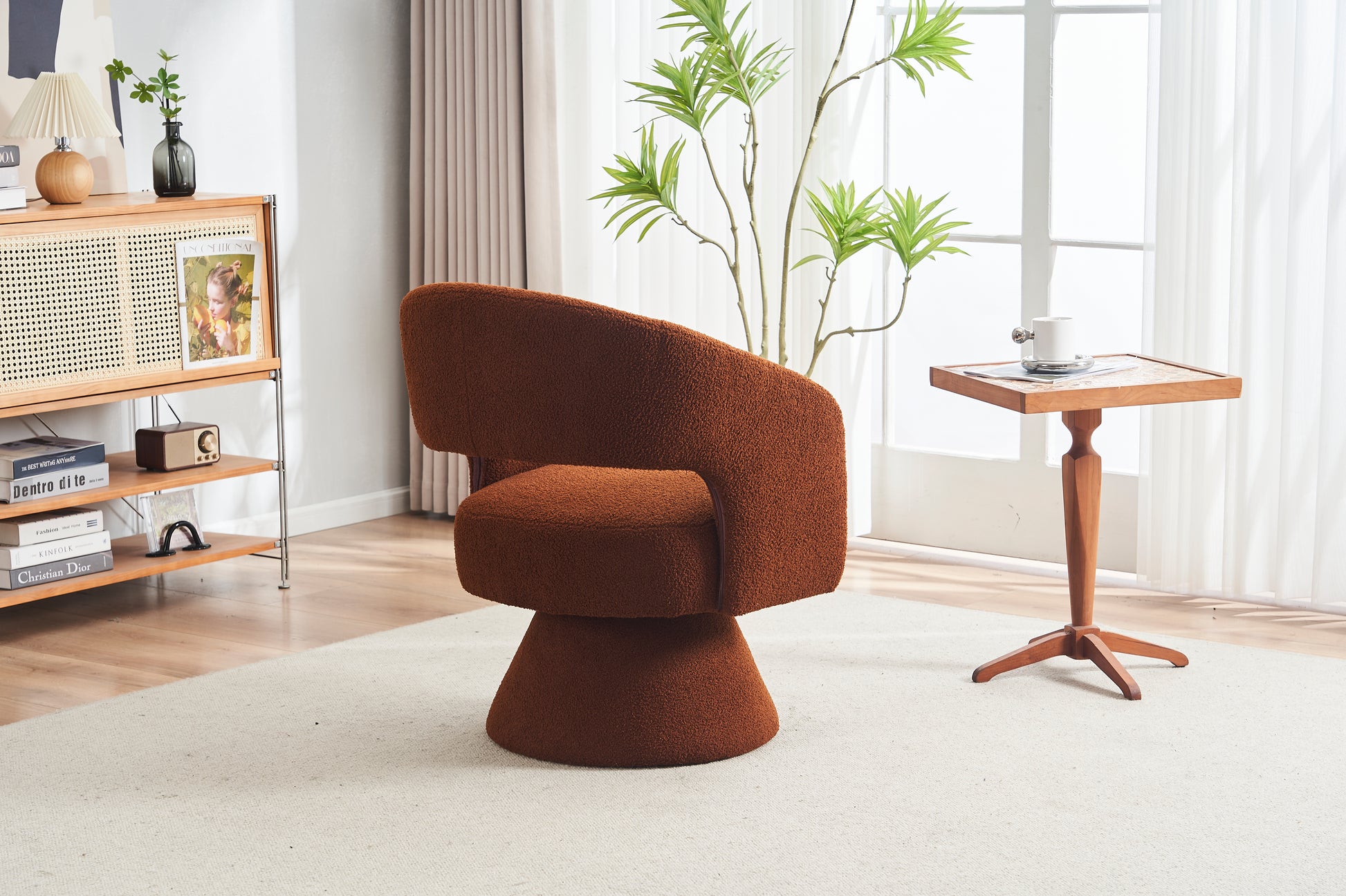 Swivel Accent Chair Armchair, Round Barrel Chair In Fabric For Living Room Bedroom,Brown Teddy Brown Faux Fur