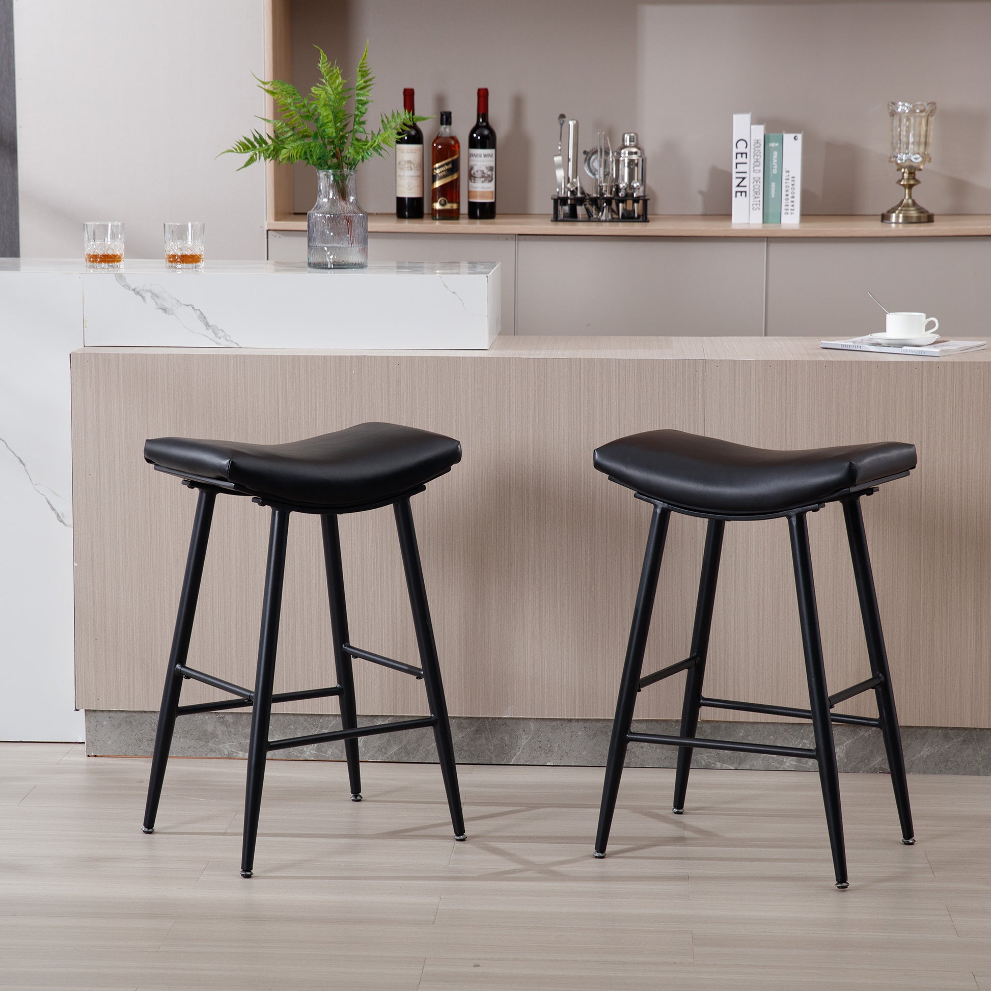 Bar Stools Set Of 2 Armless Counter Low Bar Stools Without Back Modern Pu Leather Stools With Metal Leg And Footrest ,Black Black Pu Kitchen Foam Dry Clean Modern Bar Stools Foam Pu Leather