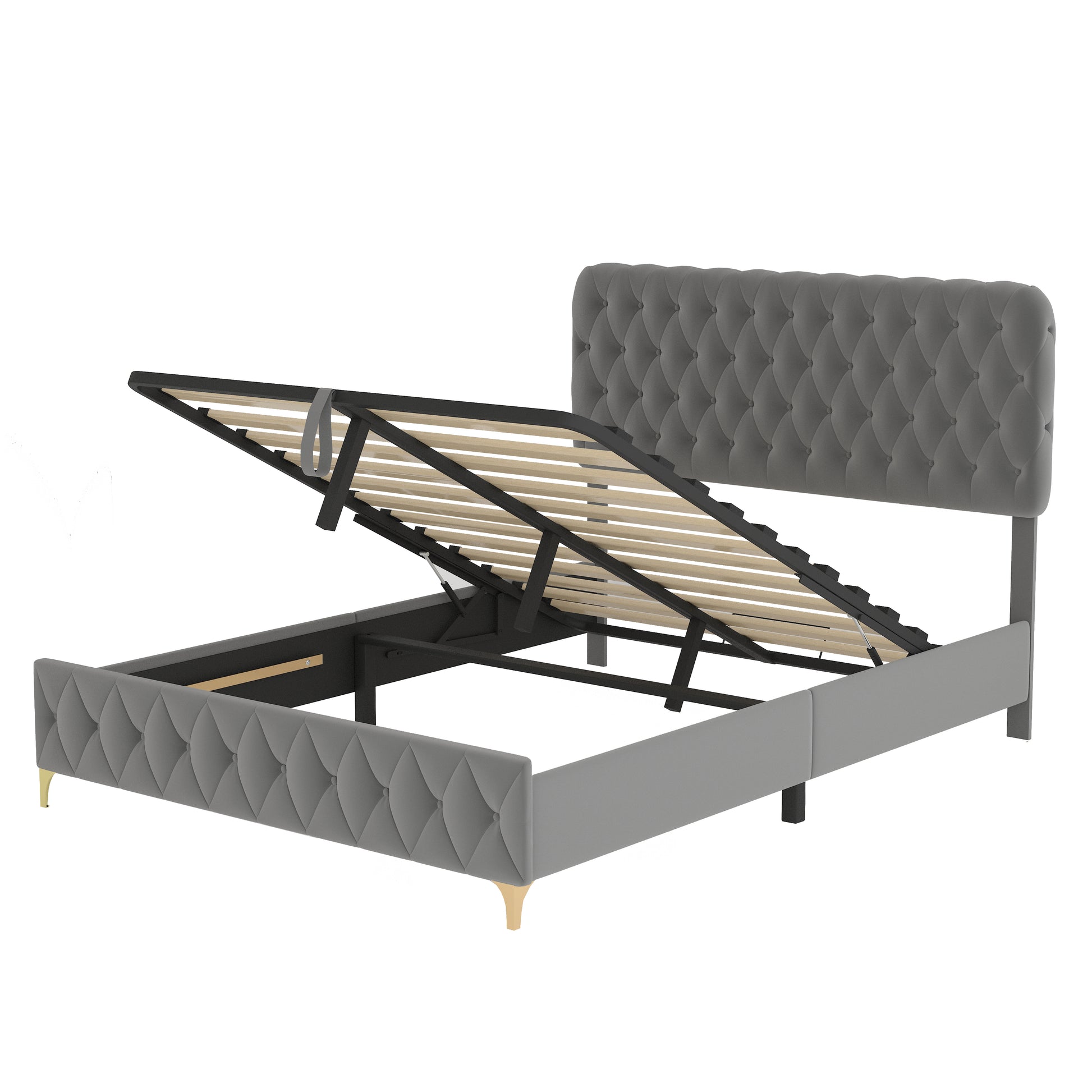 Queen Platform Bed Frame With Pneumatic Hydraulic Function, Velvet Upholstered Bed With Deep Tufted Buttons, Lift Up Storage Bed With Hidden Underbed Oversized Storage, Gray Queen Grey Velvet