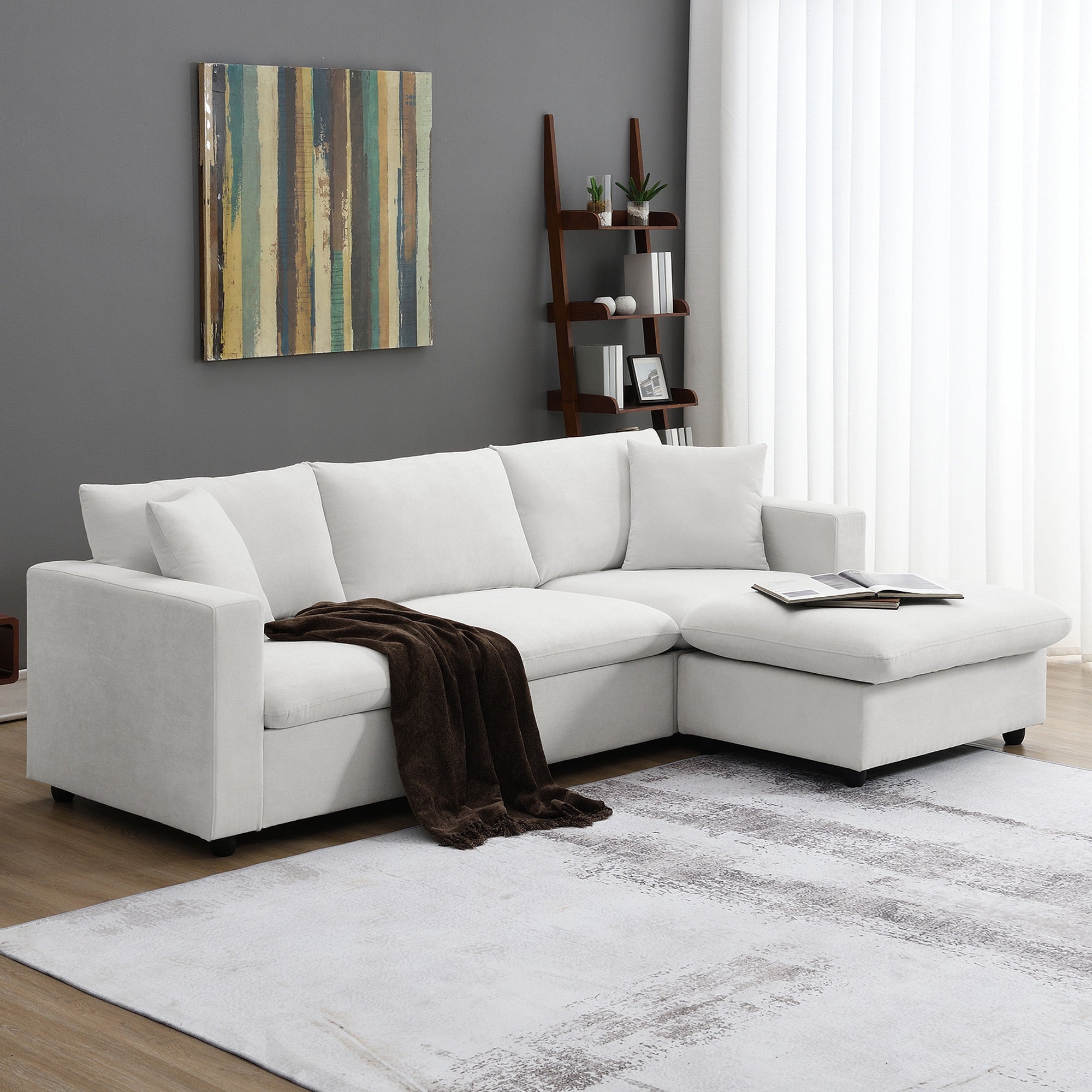 100.4*64.6" Modern Sectional Sofa,L Shaped Couch Set With 2 Free Pillows,4 Seat Polyester Fabric Couch Set With Convertible Ottoman For Living Room, Apartment, Office,4 Colors White Polyester 3 Seat