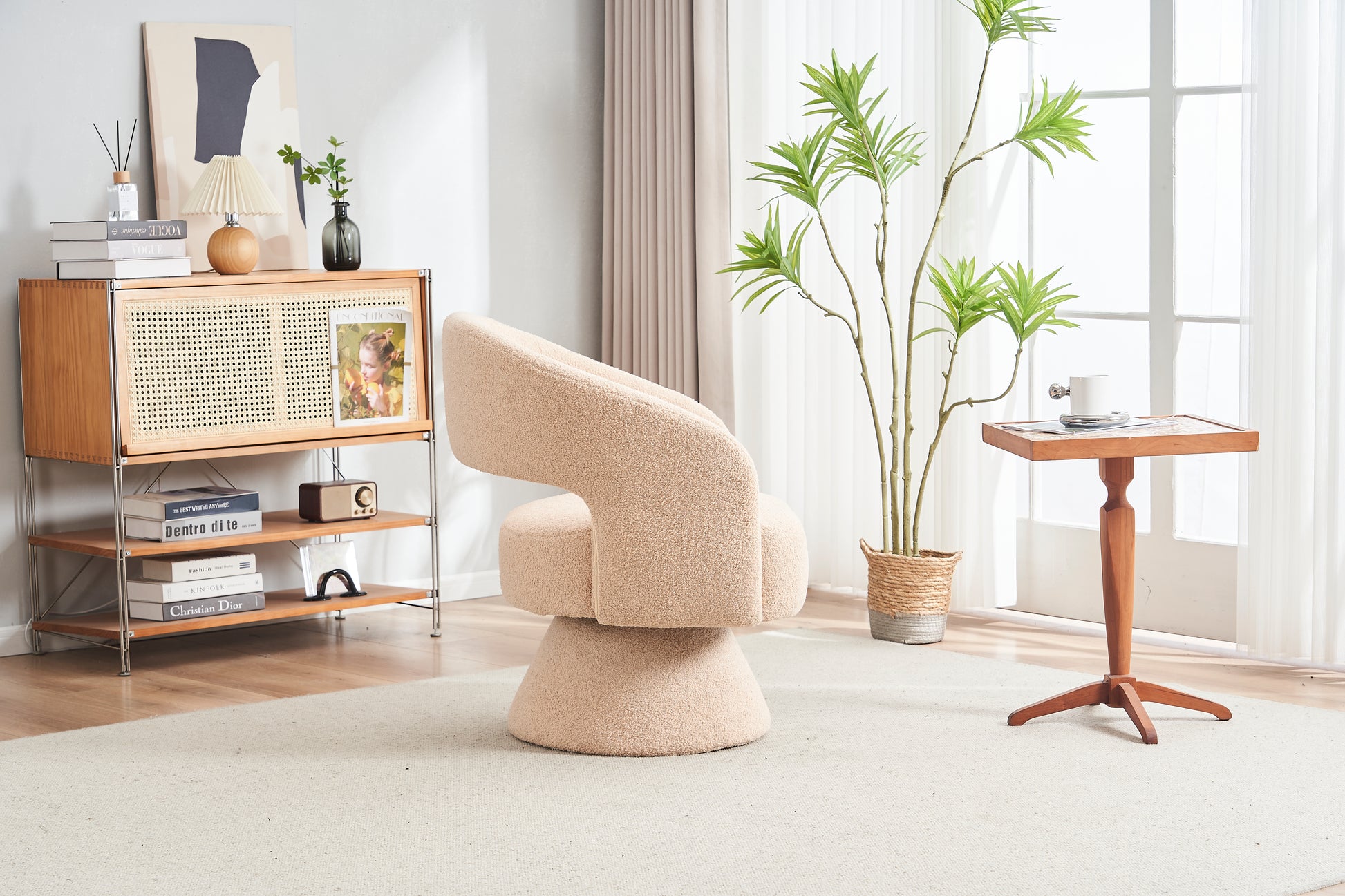 Swivel Accent Chair Armchair, Round Barrel Chair In Fabric For Living Room Bedroom,Nude Teddy Cream Faux Fur