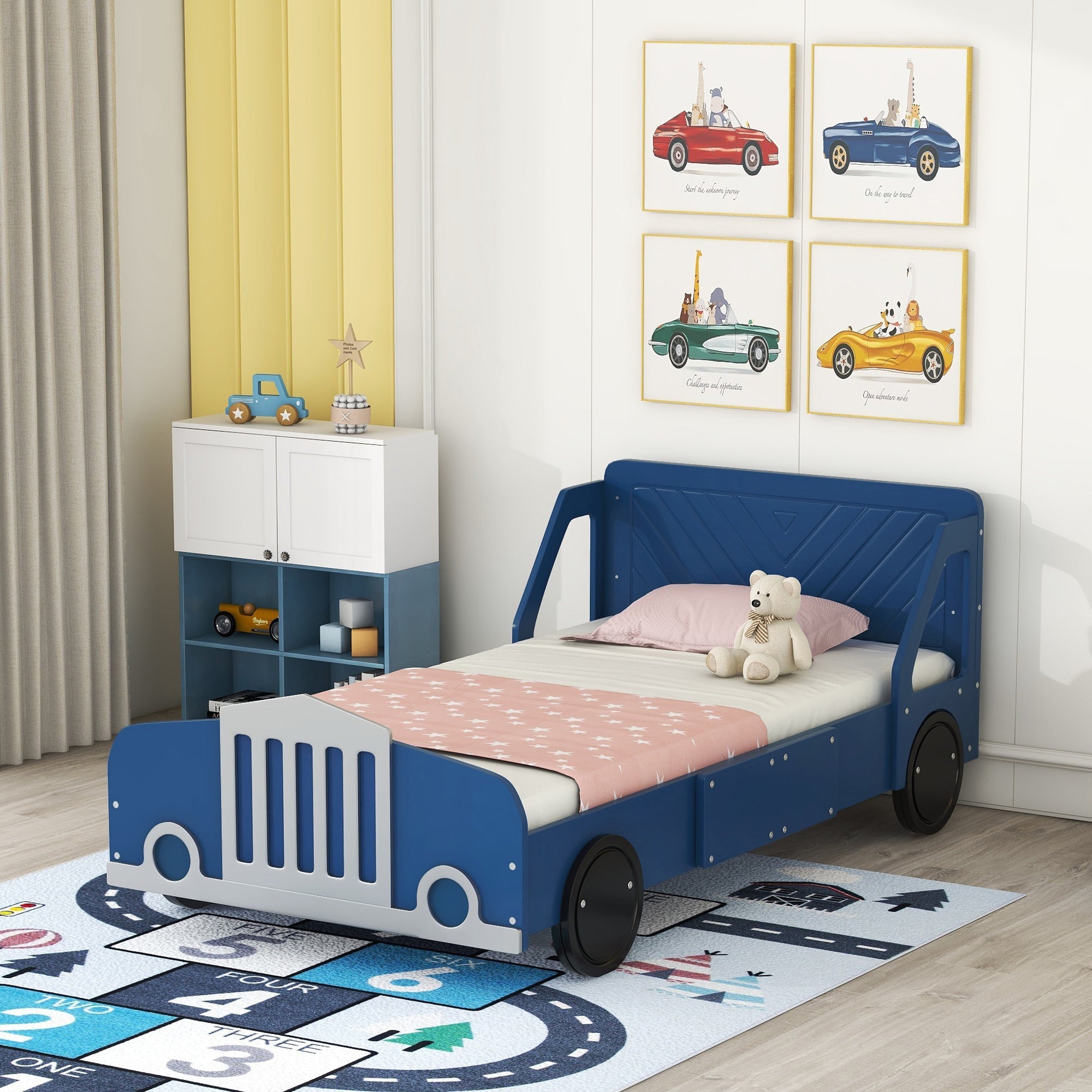 Twin Size Car Shaped Platform Bed With Wheels,Blue Blue Plywood
