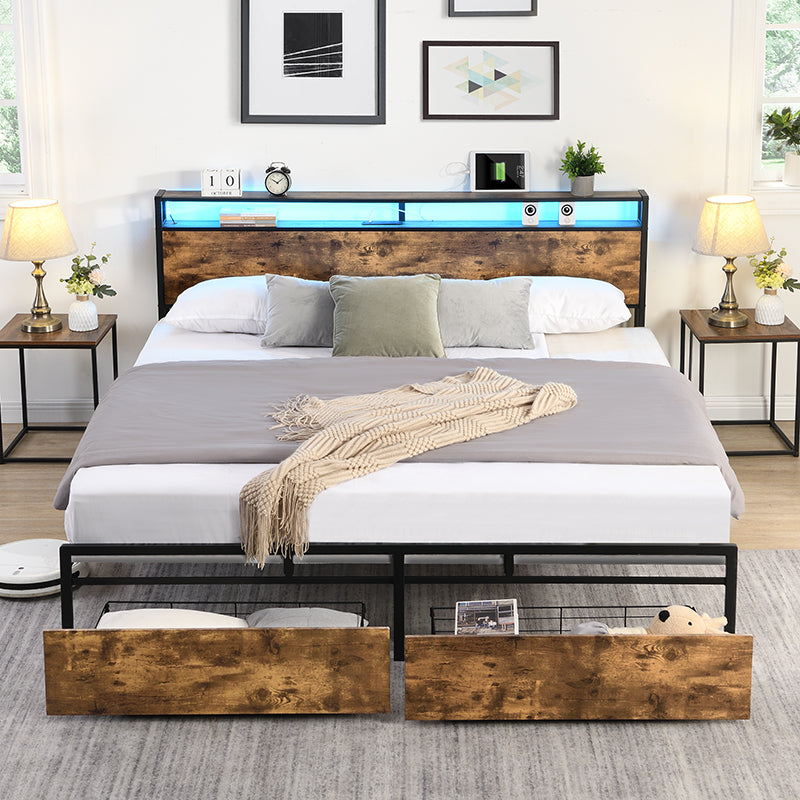 Queen Bed Frame, Storage Headboard With Charging Station, Solid And Stable, Noise Free, No Box Spring Needed, Easy Assembly Queen Antique Brown Metal Bedroom Bed Frame Metal & Wood