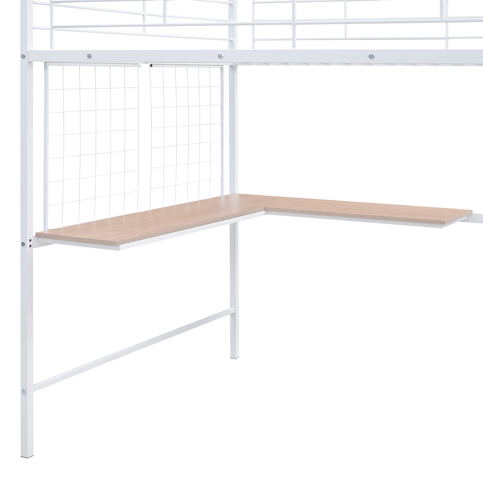 Full Size Metal Loft Bed With Desk And Metal Grid, Stylish Metal Frame Bed With Lateral Storage Ladder And Wardrobe, White White Metal