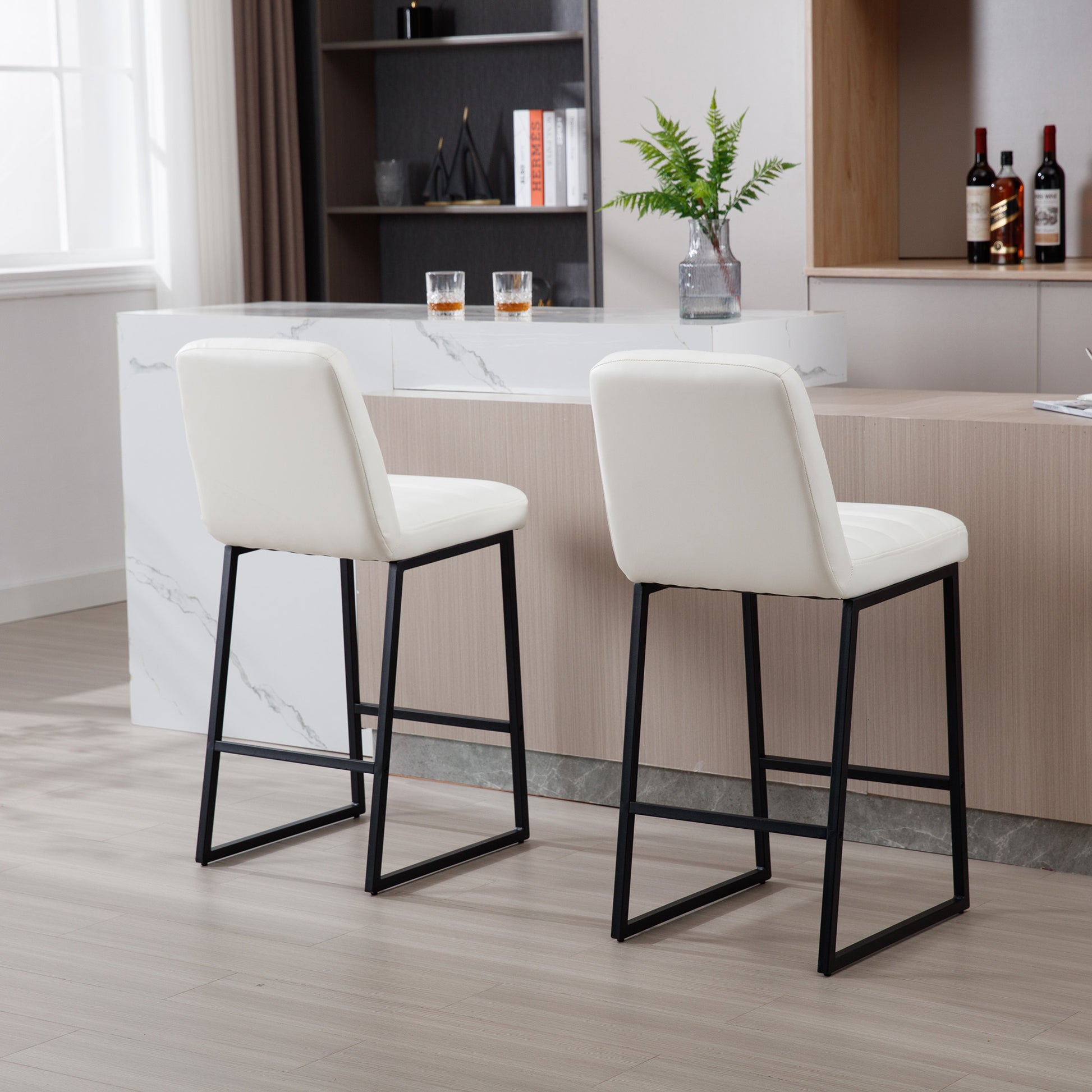 Low Bar Stools Set Of 2 Bar Chairs For Living Room Party Room Kitchen,Upholstered Pu Kitchen Breakfast Bar Stools With Footrest,Cream Cream Kitchen Foam Dry Clean Modern Bar Stools Foam Pu Leather