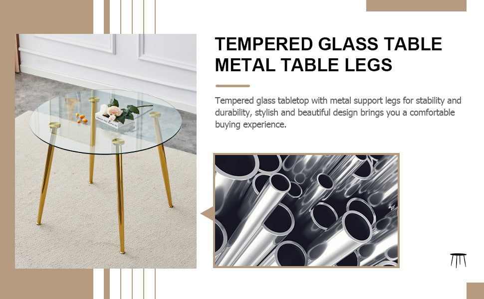 Table And Chair Set, Circular Dining Table, Glass Tabletop With A Diameter Of 40 Inches And Gold Plated Metal Legs, Paired With 4 White Pu Cushions And Gold Plated Metal Foot Dining Chairs. Dt 1164 Golden Metal