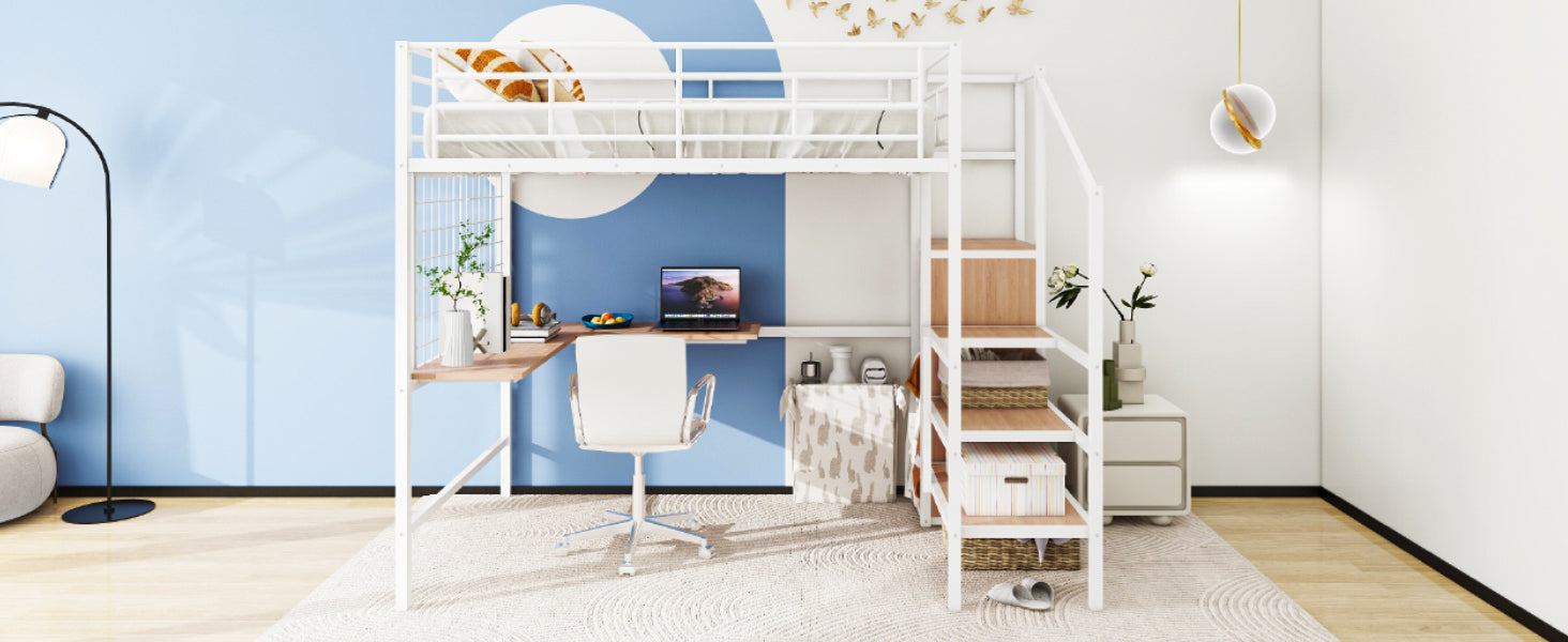Full Size Metal Loft Bed With Desk And Metal Grid, Stylish Metal Frame Bed With Lateral Storage Ladder And Wardrobe, White White Metal