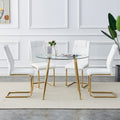 Table And Chair Set, Circular Dining Table, Glass Tabletop With A Diameter Of 40 Inches And Gold Plated Metal Legs, Paired With 4 White Pu Cushions And Gold Plated Metal Foot Dining Chairs. Dt 1164 Golden Metal