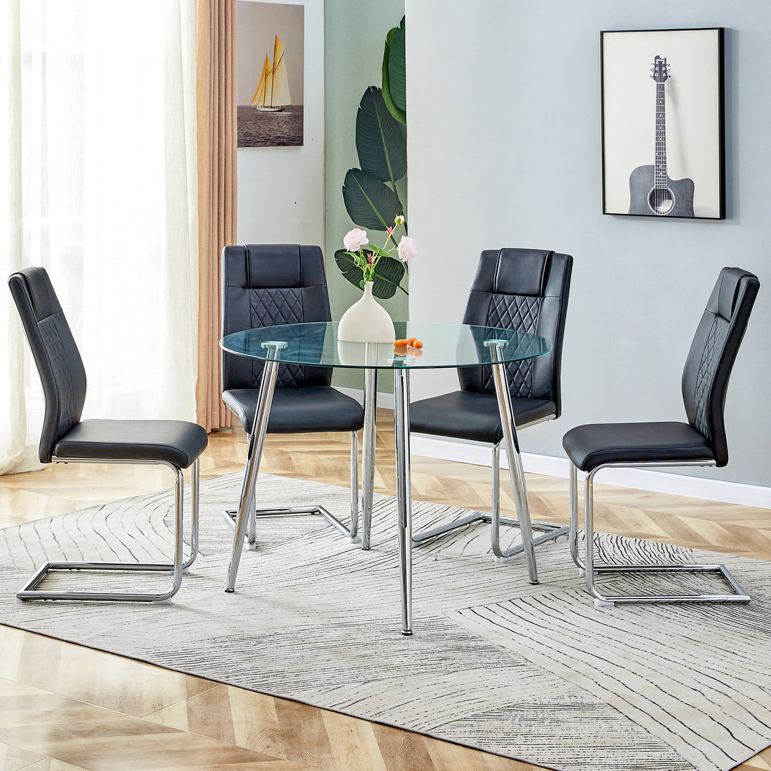 Table And Chair Set. 1 Table 4 Black Chairs Round Dining Table With A 40 Inch Diameter Glass Tabletop And Silver Plated Metal Legs. 4 Black Pu Chairs Dt 1164 001 Transparent Seats 4 Glass