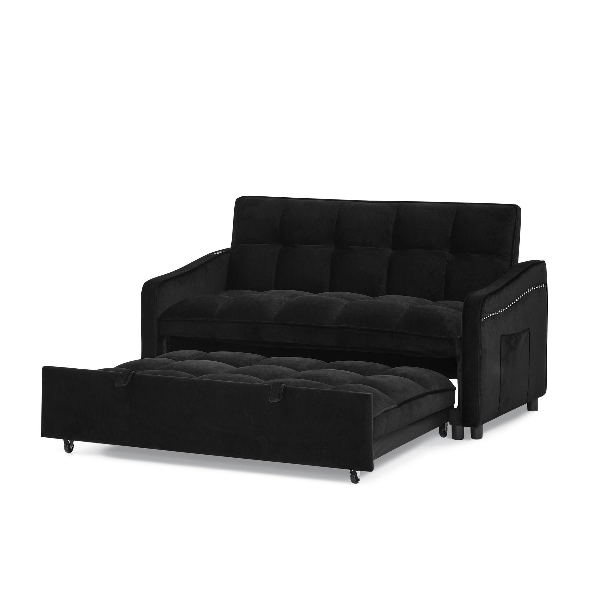 Loveseats Sofa Bed With Pull Out Bed,Adjsutable Back And Two Arm Pocket,Typec And Usb Charging With Copper Nail,Black 47"X53"X31" Black Velvet Classic,Contemporary,Luxury,Mid Century Modern,Modern Foam