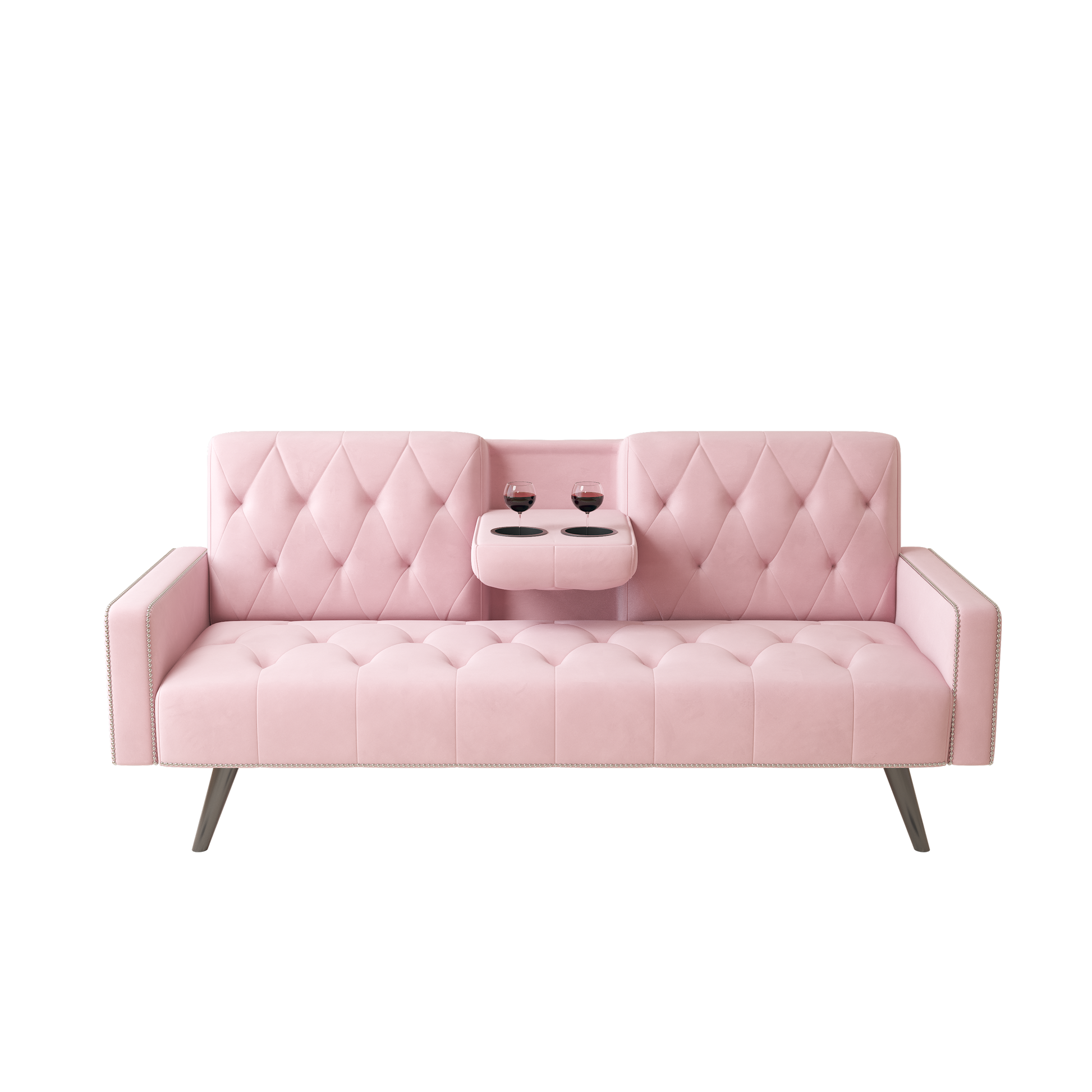 1730 Sofa Bed Armrest With Nail Head Trim With Two Cup Holders 72" Pink Velvet Sofa For Small Spaces Pink Altay Velvet 3 Seat