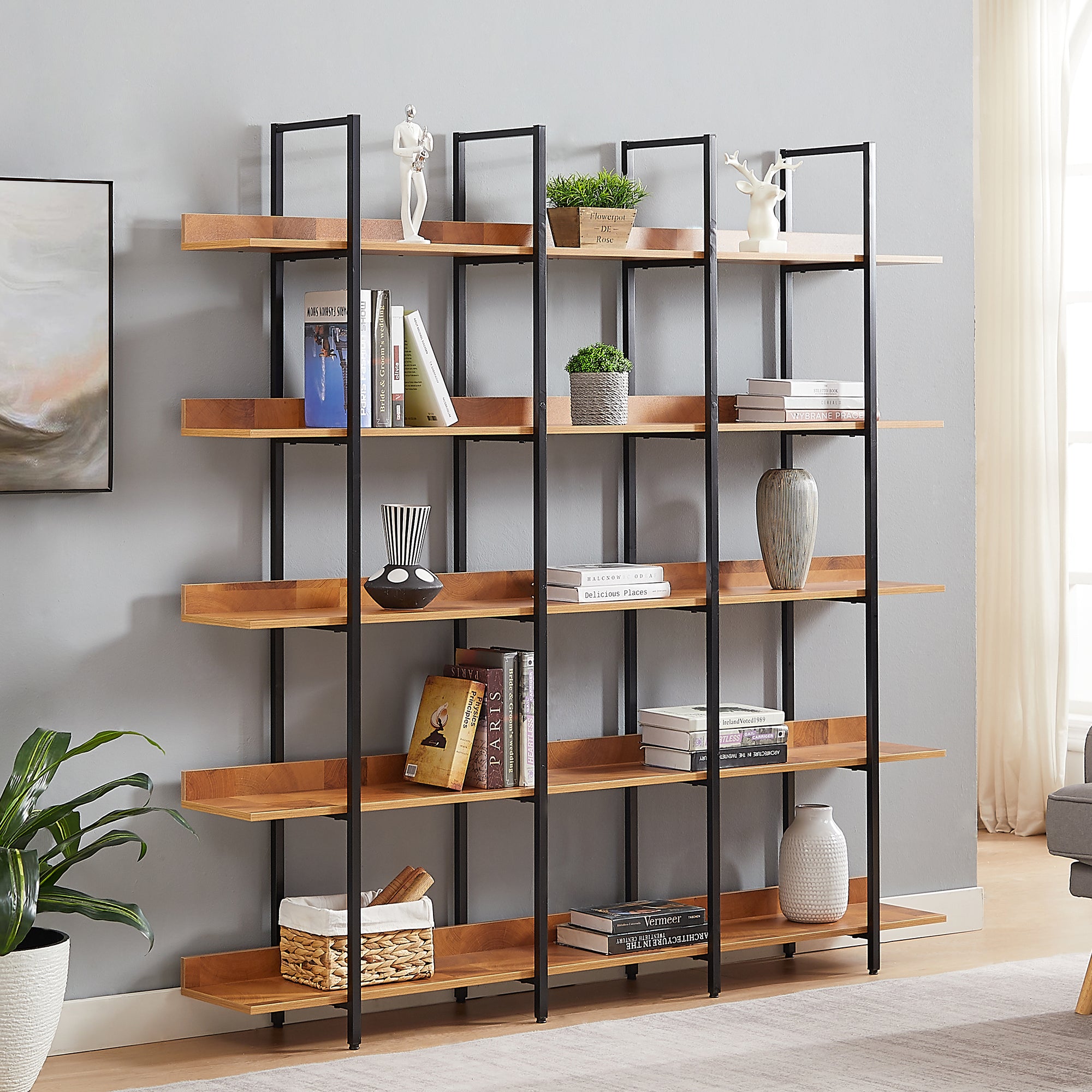 5 Tier Bookcase Home Office Open Bookshelf, Vintage Industrial Style Shelf, Mdf Board, Black Metal Frame, Brown Black Brown Mdf Steel