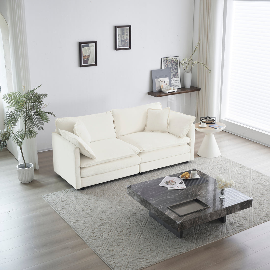 Modern Fabric Loveseat Sofa Couch For Living Room, Upholstered Large Size Deep Seat 2 Seat Sofa With 4 Pillows ,White Chenille White Chenille 2 Seat