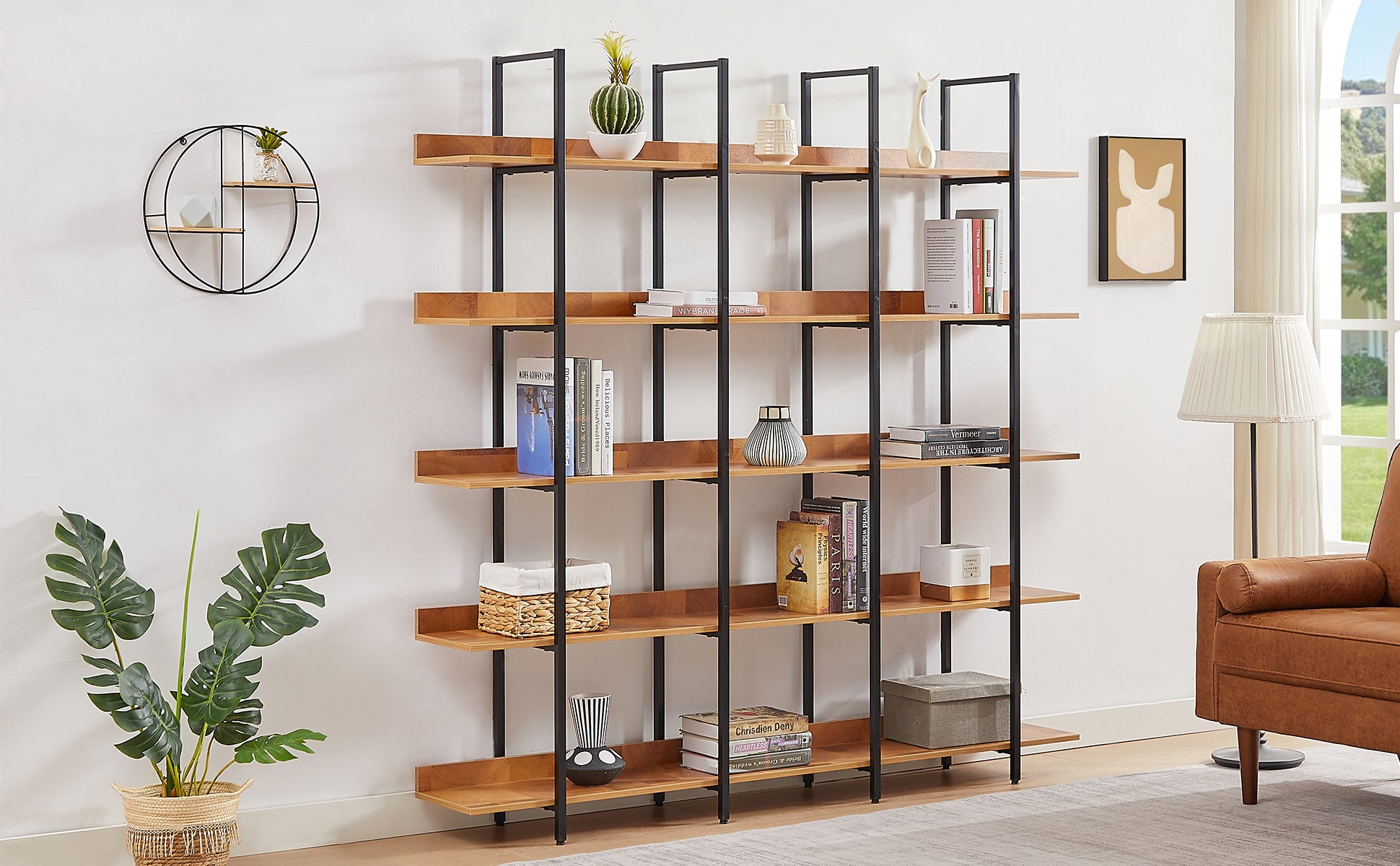 5 Tier Bookcase Home Office Open Bookshelf, Vintage Industrial Style Shelf, Mdf Board, Black Metal Frame, Brown Black Brown Mdf Steel
