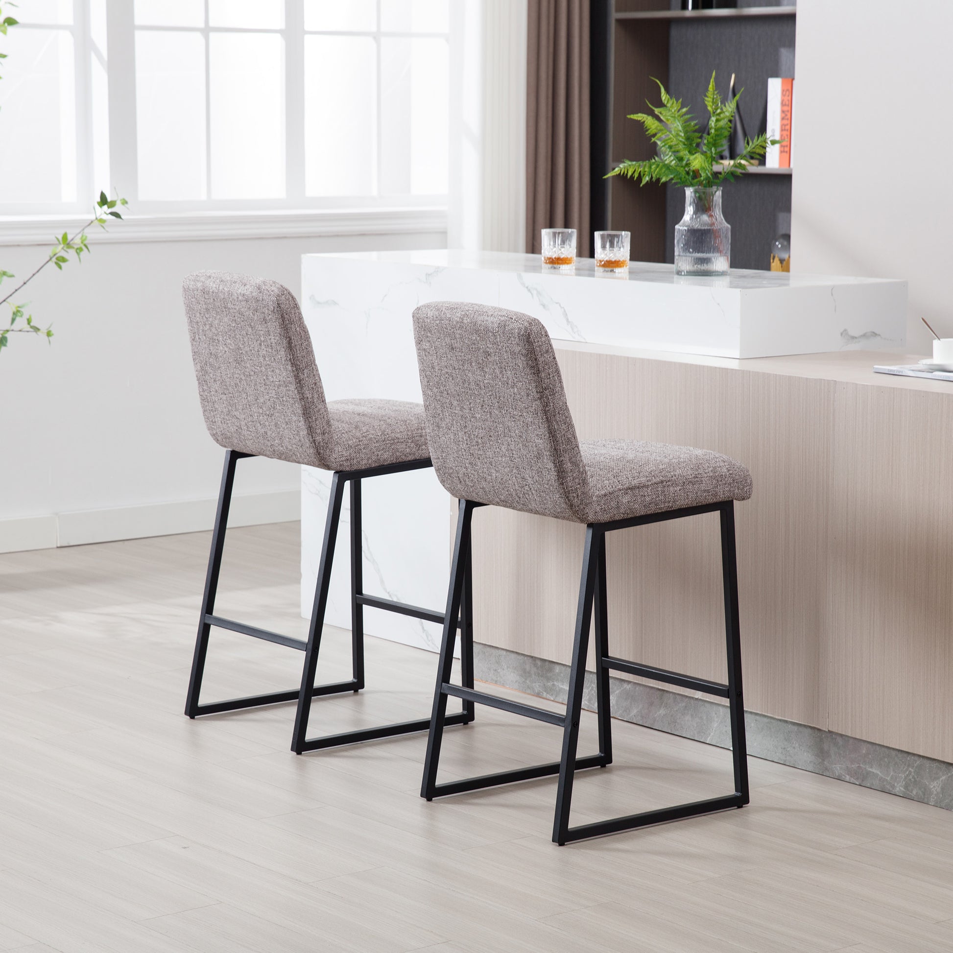 Low Bar Stools Set Of 2 Bar Chairs For Living Room Party Room Kitchen,Upholstered Linen Fabric Kitchen Breakfast Bar Stools With Footrest,Coffee Coffee Kitchen Foam Dry Clean Modern Bar Stools Foam Linen