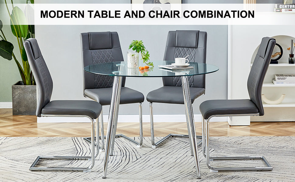 Table And Chair Set. 1 Table 4 Gray Chairs Round Dining Table With A 40 Inch Diameter Glass Tabletop And Silver Plated Metal Legs. 4 Gray Pu Chairs Dt 1164 001 Transparent Seats 4 Glass