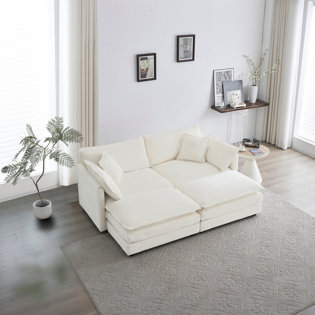 4 Piece Upholstered Sectional Sofa, 1 Piece Of 2 Seater Sofa And 2 Piece Of Ottomans2 Seater Loveseat Lounge With Ottomanswhite Chenille White Chenille 2 Seat