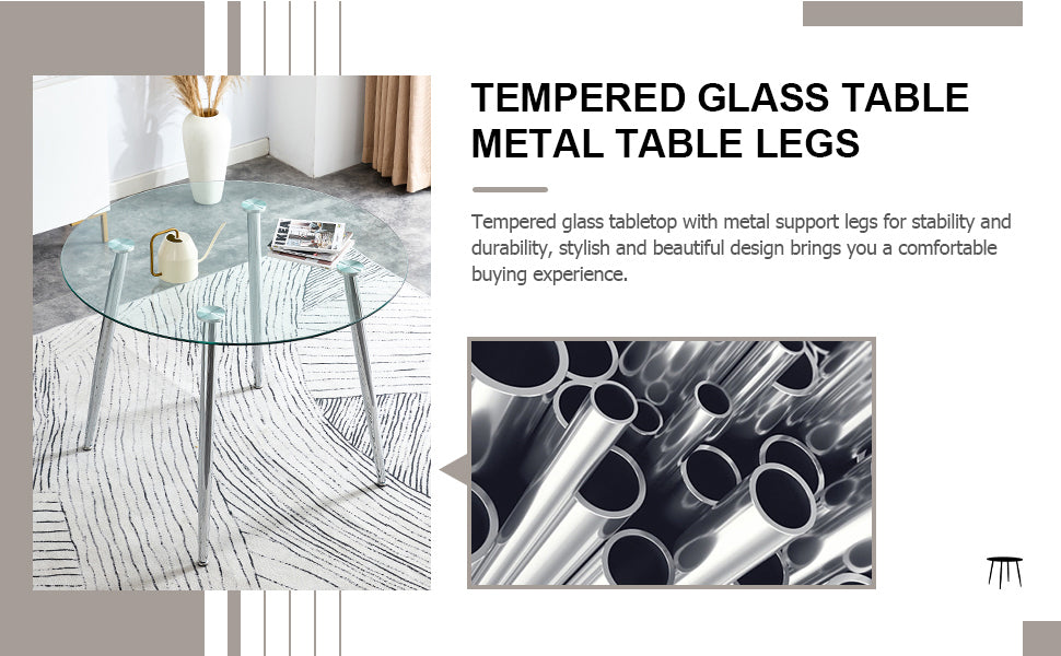 Table And Chair Set. 1 Table 4 Gray Chairs Round Dining Table With A 40 Inch Diameter Glass Tabletop And Silver Plated Metal Legs. 4 Gray Pu Chairs Dt 1164 001 Transparent Seats 4 Glass