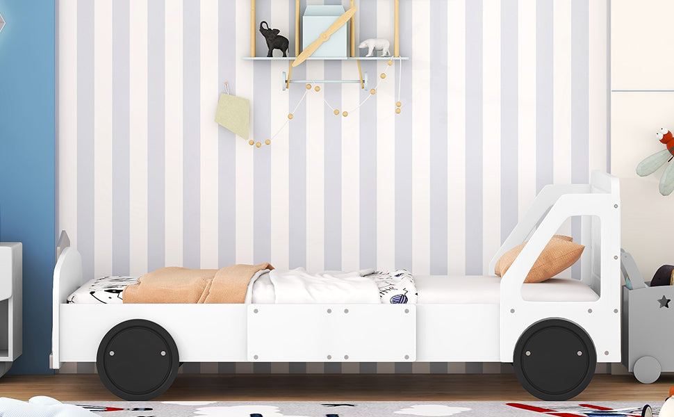 Twin Size Car Shaped Platform Bed With Wheels,White White Plywood