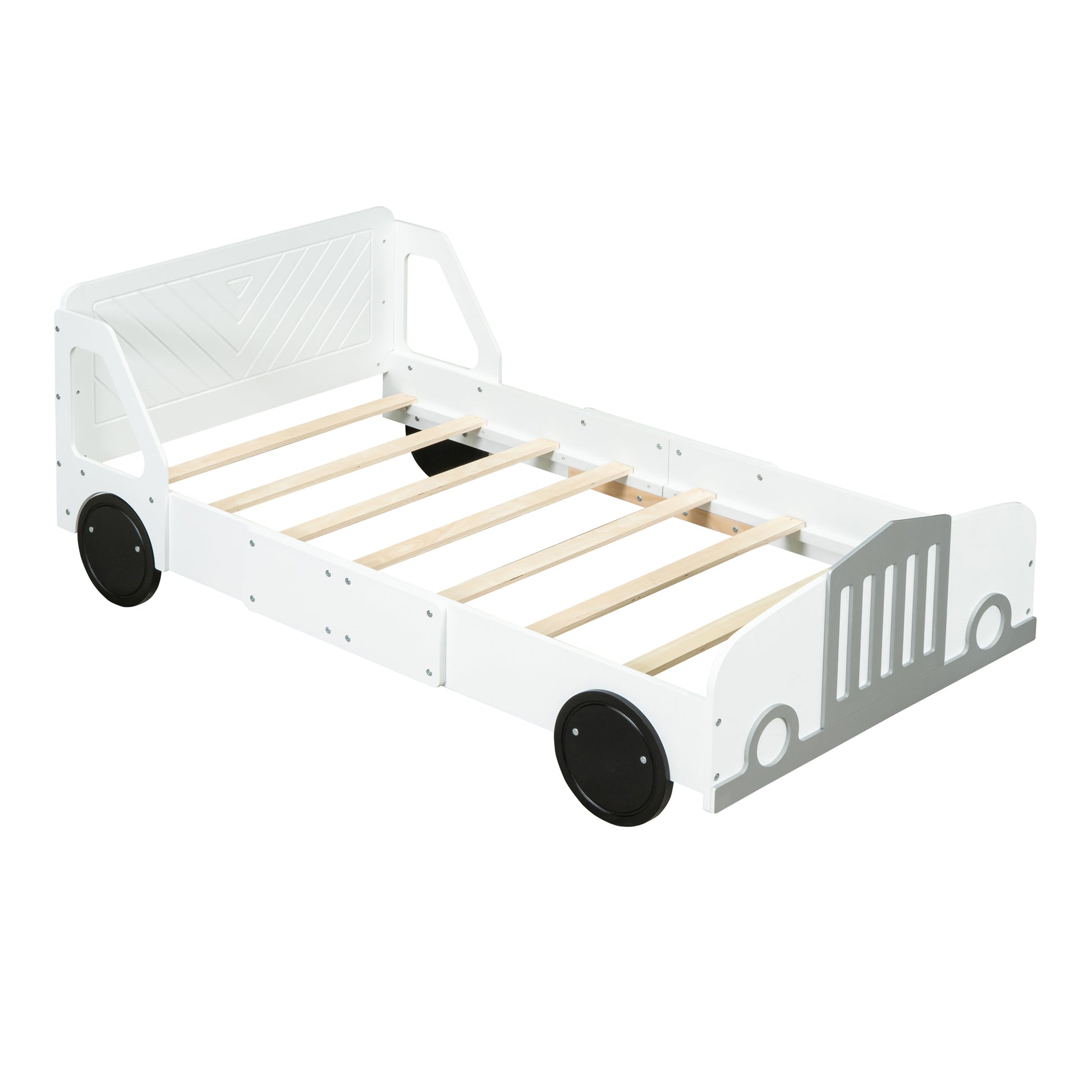 Twin Size Car Shaped Platform Bed With Wheels,White White Plywood