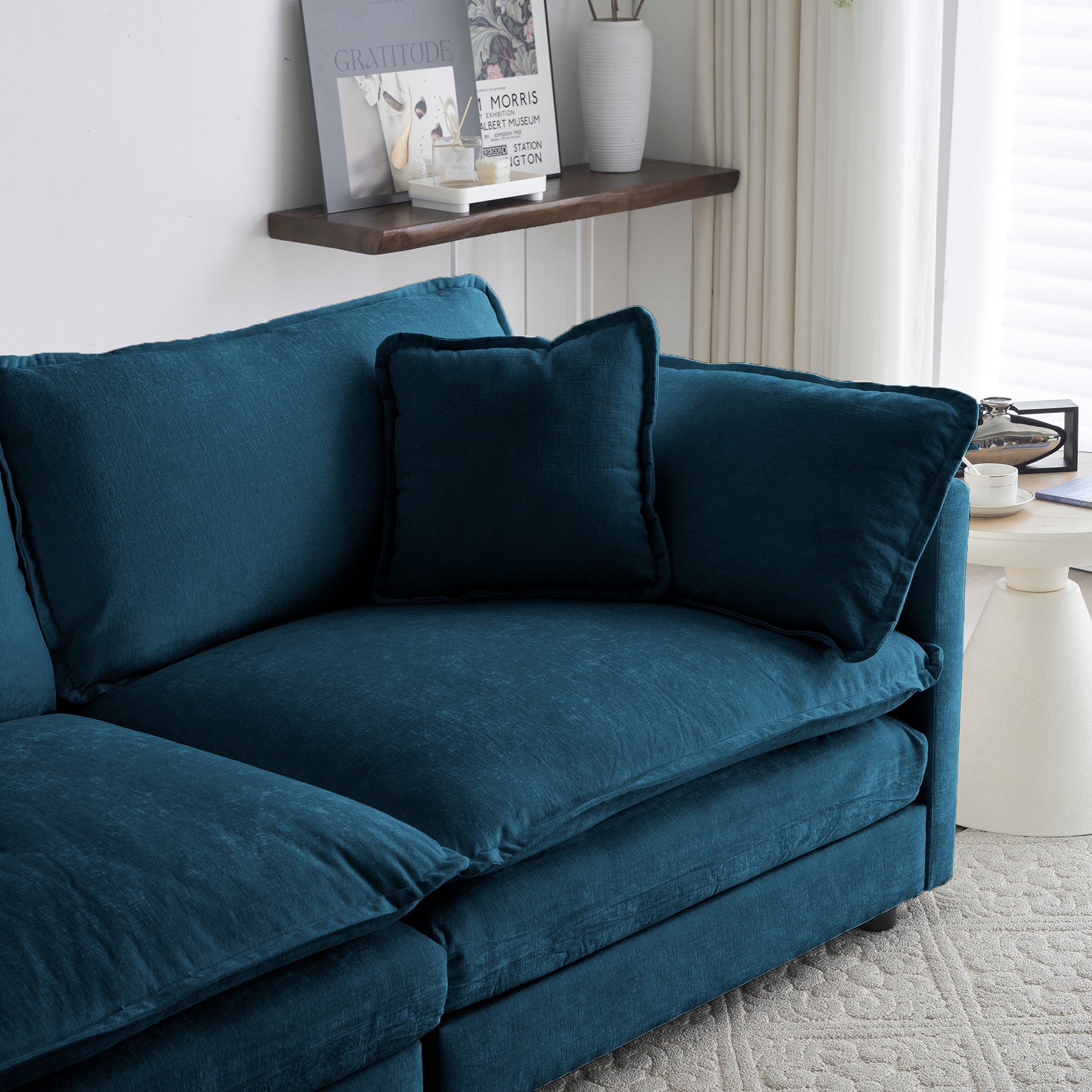 Comfy Deep Single Seat Sofa Upholstered Reading Armchair Living Room Chair Blue Chenille Fabric1 Toss Pillow Blue Chenille 1 Seat