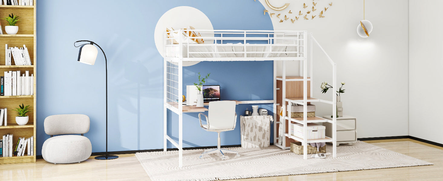 Full Size Metal Loft Bed With Desk And Metal Grid, Stylish Metal Frame Bed With Lateral Storage Ladder And Wardrobe, White White Metal