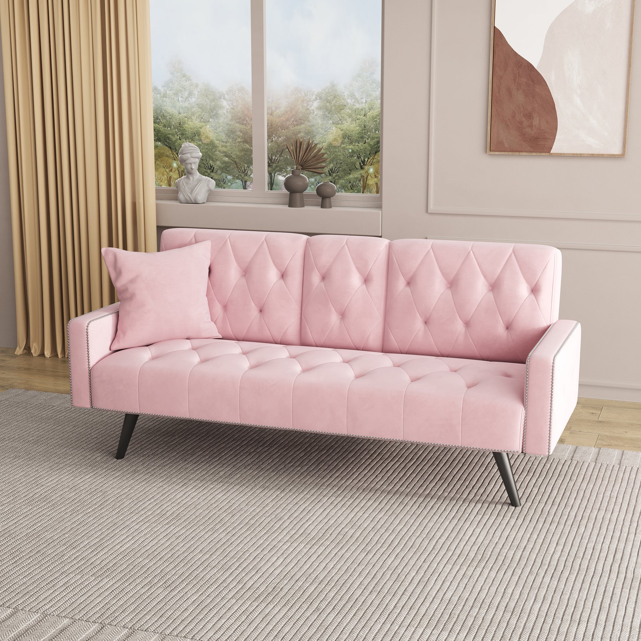 1730 Sofa Bed Armrest With Nail Head Trim With Two Cup Holders 72" Pink Velvet Sofa For Small Spaces Pink Altay Velvet 3 Seat