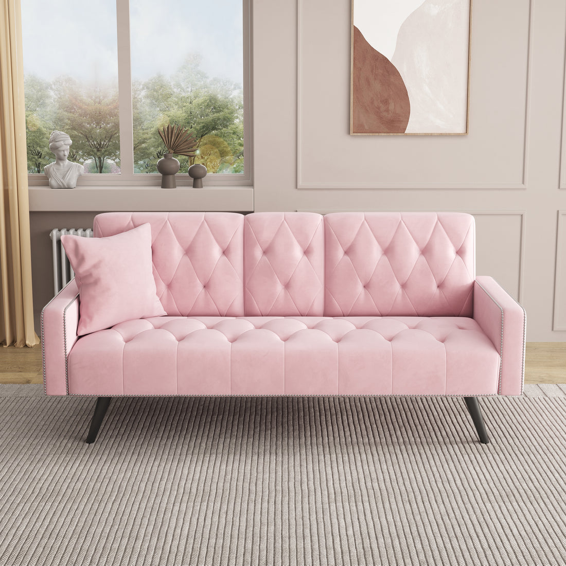 1730 Sofa Bed Armrest With Nail Head Trim With Two Cup Holders 72" Pink Velvet Sofa For Small Spaces Pink Altay Velvet 3 Seat