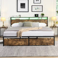 King Bed Frame, Storage Headboard With Charging Station, Solid And Stable, Noise Free, No Box Spring Needed, Easy Assembly King Antique Brown Metal Bedroom Bed Frame Metal & Wood