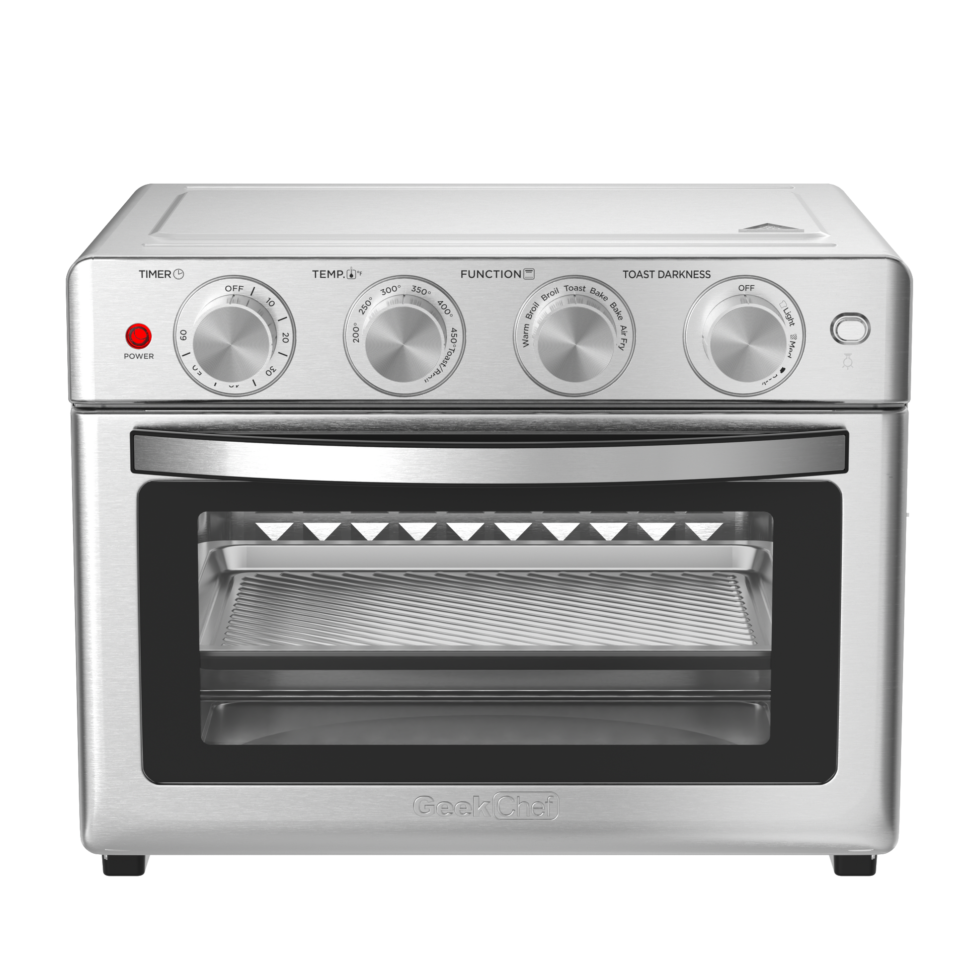 Geek Chef 6 Slice 26Qt 26L Air Fryer Fry Oil Free, Extra Large Toaster Oven Combo, Air Fryer Oven, Roast, Bake, Broil,Convection Countertop Oven, Accessories Included, Stainless St Ban On Silver Stainless Steel