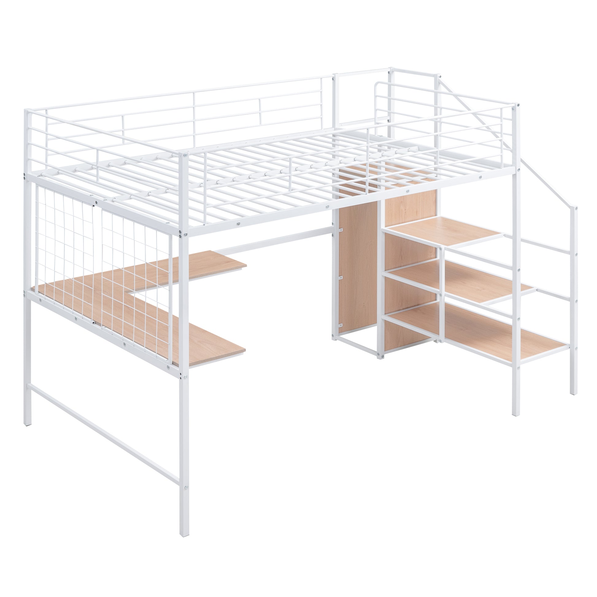 Full Size Metal Loft Bed With Desk And Metal Grid, Stylish Metal Frame Bed With Lateral Storage Ladder And Wardrobe, White White Metal