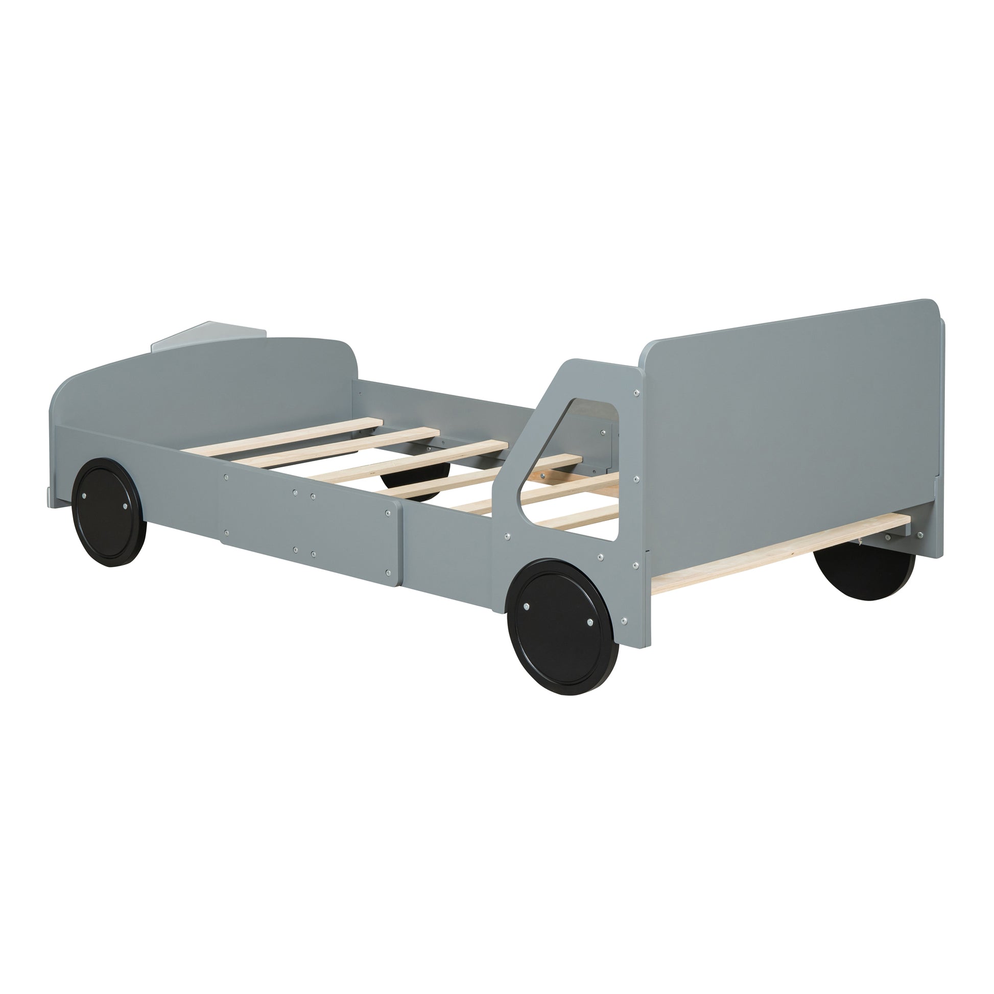 Twin Size Car Shaped Platform Bed With Wheels,Gray Gray Plywood