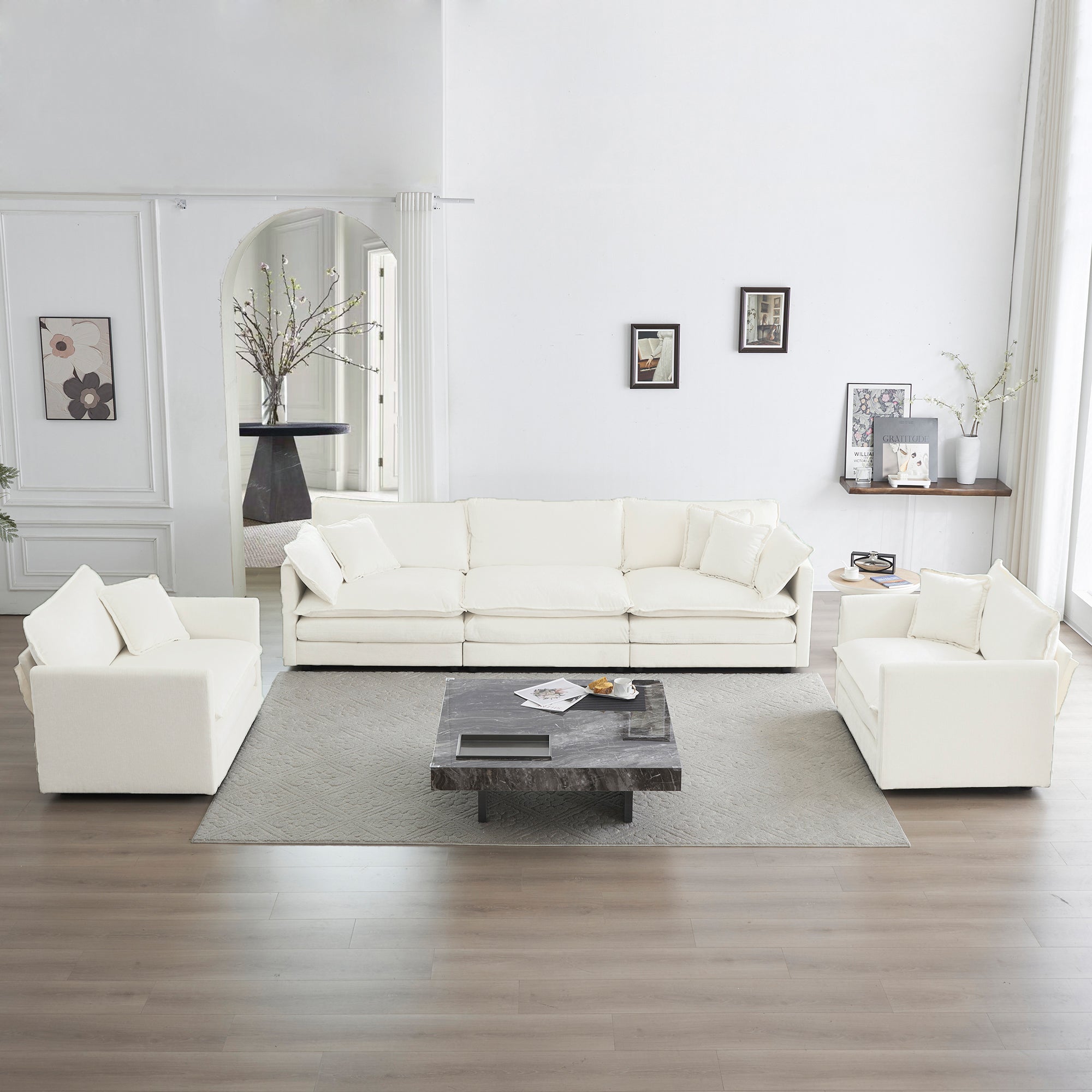 Sofa Set Of 3, 1 1 3 Seats Living Room Sofa Set, Accent Chair, Loveseat, And Three Seat Sofa Modern Style Round Arms 3 Piece Sofa Set, White White Chenille 5 Seat