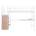Full Size Metal Loft Bed With Desk And Metal Grid, Stylish Metal Frame Bed With Lateral Storage Ladder And Wardrobe, White White Metal