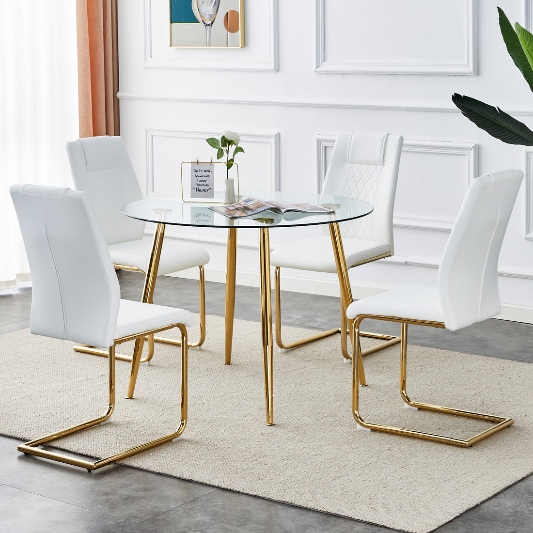 Table And Chair Set, Circular Dining Table, Glass Tabletop With A Diameter Of 40 Inches And Gold Plated Metal Legs, Paired With 4 White Pu Cushions And Gold Plated Metal Foot Dining Chairs. Dt 1164 Golden Metal