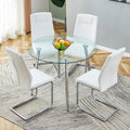 Table And Chair Set. 1 Table 4 Chairs Set A Circular Dining Table With A 40 Inch Diameter Glass Tabletop And Electroplated Metal Legs. 4 White Pu Chairs Dt 1164 001 Transparent Seats 4 Glass