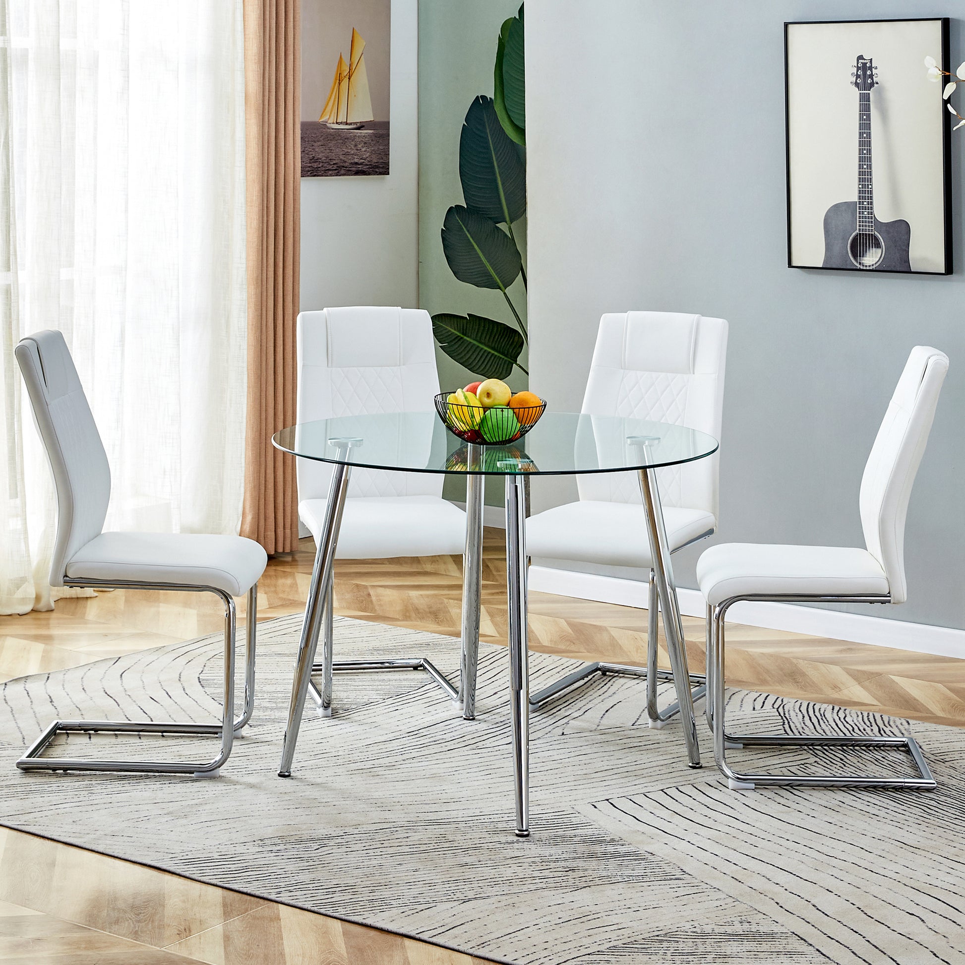 Table And Chair Set. 1 Table 4 Chairs Set A Circular Dining Table With A 40 Inch Diameter Glass Tabletop And Electroplated Metal Legs. 4 White Pu Chairs Dt 1164 001 Transparent Seats 4 Glass