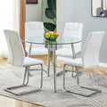 Table And Chair Set. 1 Table 4 Chairs Set A Circular Dining Table With A 40 Inch Diameter Glass Tabletop And Electroplated Metal Legs. 4 White Pu Chairs Dt 1164 001 Transparent Seats 4 Glass