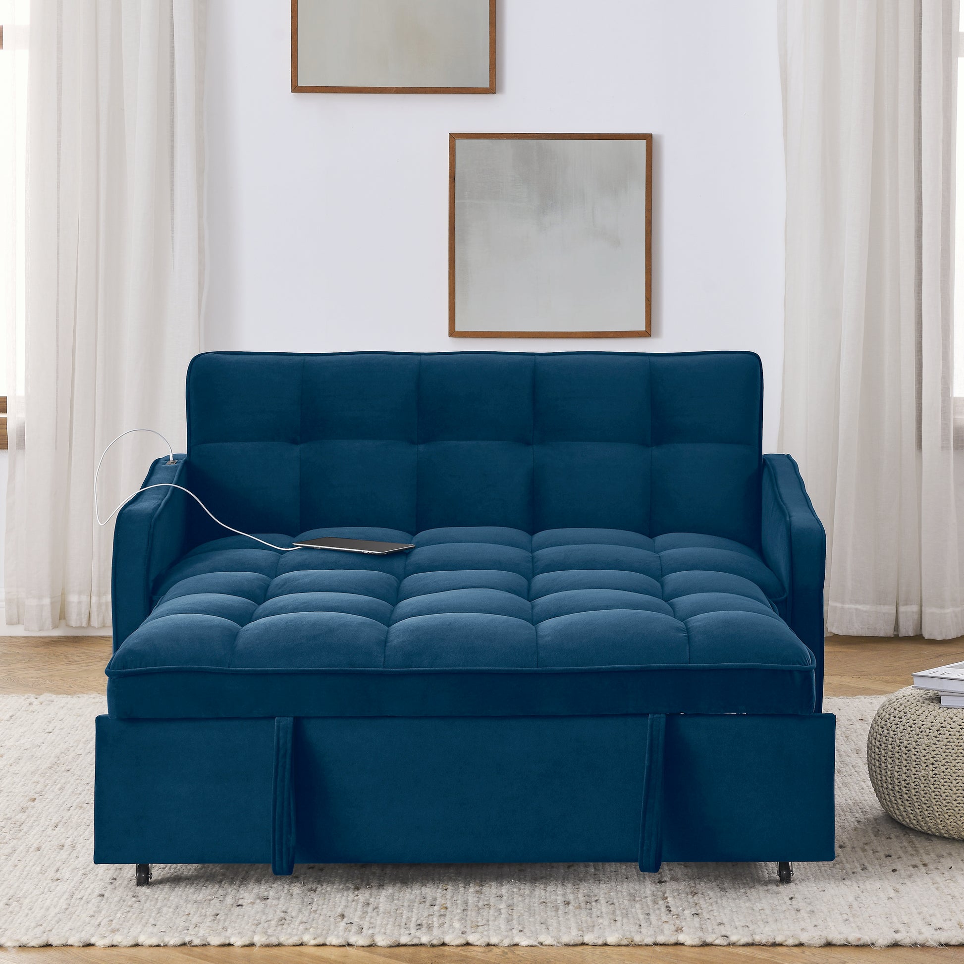 Loveseats Sofa Bed With Pull Out Bed,Adjsutable Back And Two Arm Pocket,Typec And Usb Charging With Copper Nail,Blue 47"X53"X31" Blue Velvet Artsy,Classic,Contemporary,Glam,Luxury Foam