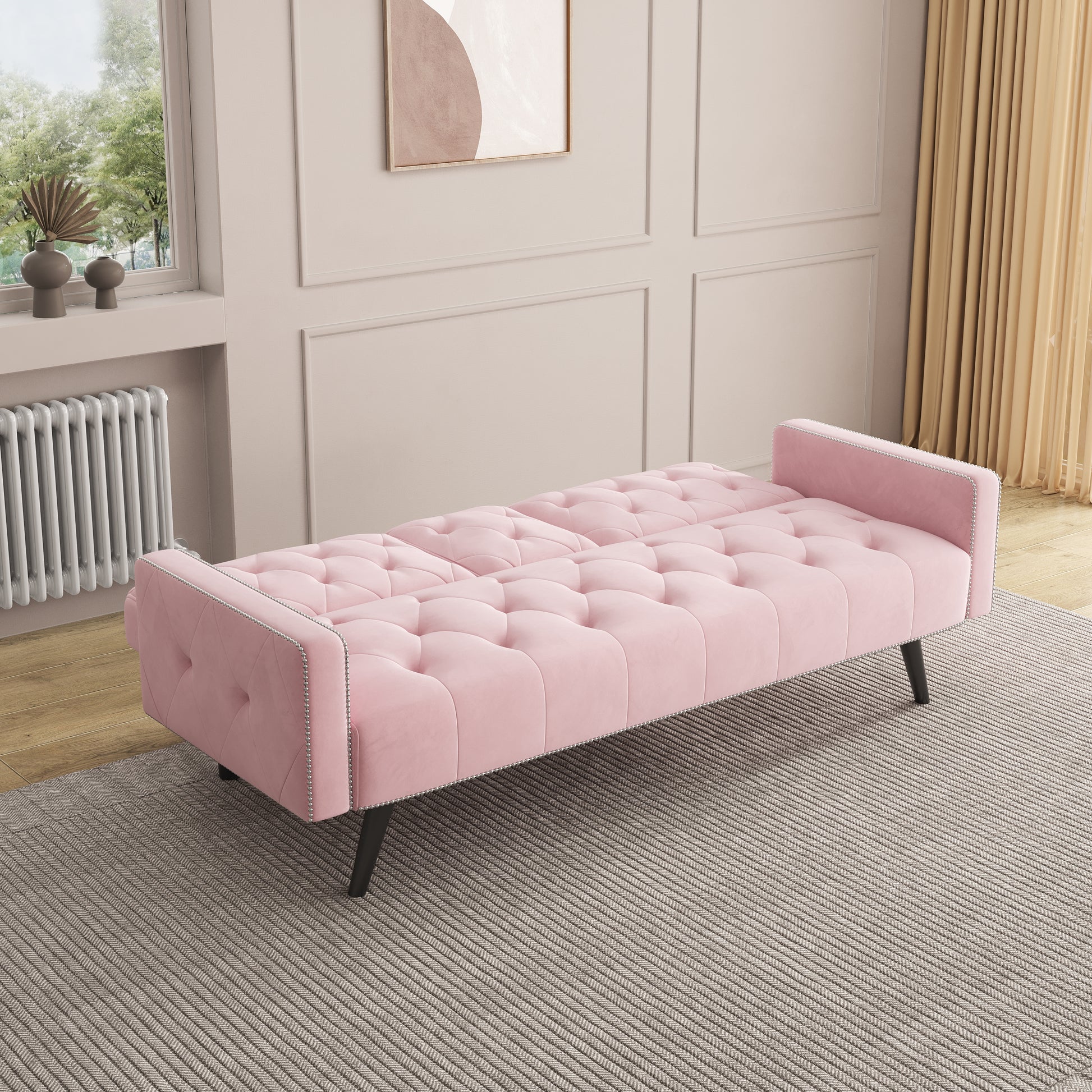 1730 Sofa Bed Armrest With Nail Head Trim With Two Cup Holders 72" Pink Velvet Sofa For Small Spaces Pink Altay Velvet 3 Seat